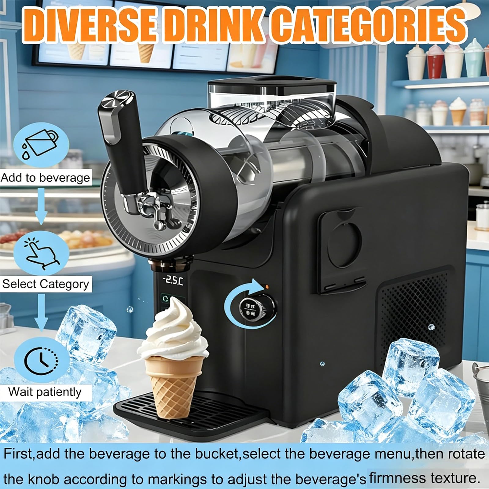 Macchina per Granite 5 in 1 per Bevande Fredde e Gelato Soft, Macchina per Granite autoraffreddante con capacità di 2 Litri, Senza Ghiaccio, 5 modalità preimpostate, autopulizia White
