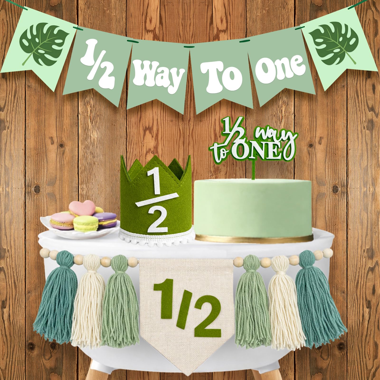 Photo 1 of 1/2 Birthday Boy Half Birthday Decorations – 4PCS Green 6 Month Party Set with 1/2 Way to One Banner, Halfway High Chair Banner, Cake Topper and Hat for 6 Month Baby Boy Photo Shoot Decor