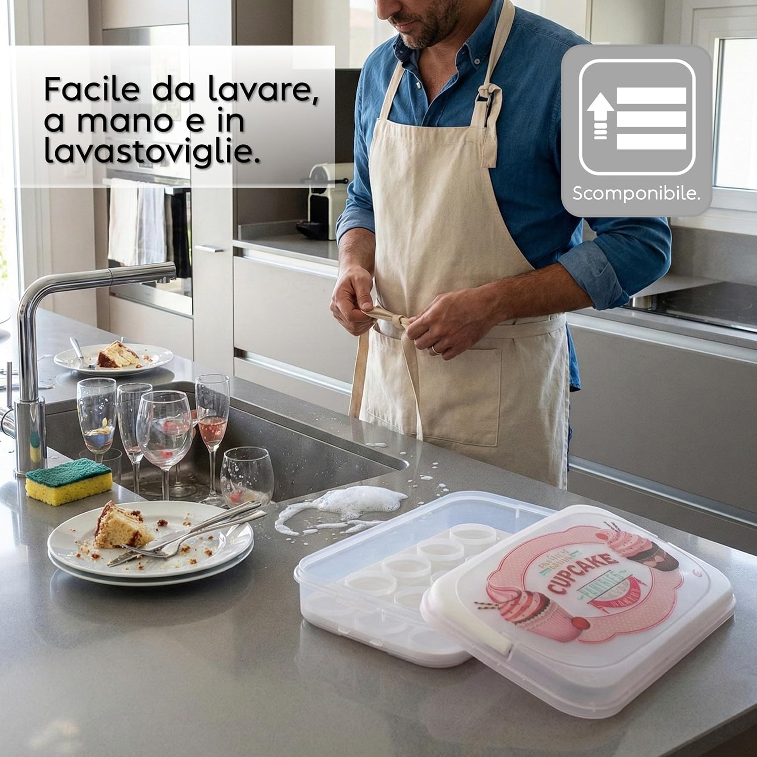 Snips Cupcake Holder 7 Litres White | Cake Holder | Decorated Container with Tray | Made in Italy | BPA-Free