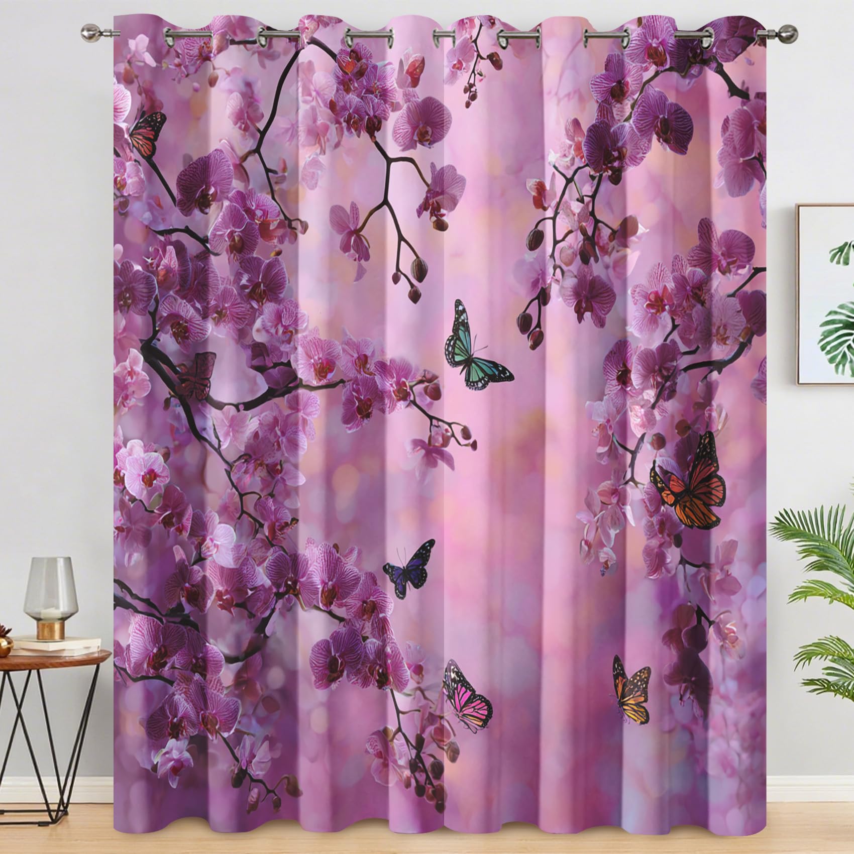 Générique Rideau Occultant Orchidée Violet Salon, Rideaux Thermiques à Oeillets, Papillon Floral Moderne Decoration Chambre Fenetre, Lot de 2 Draperies Intérieurs 110x215 cm (L x H) L-C&45