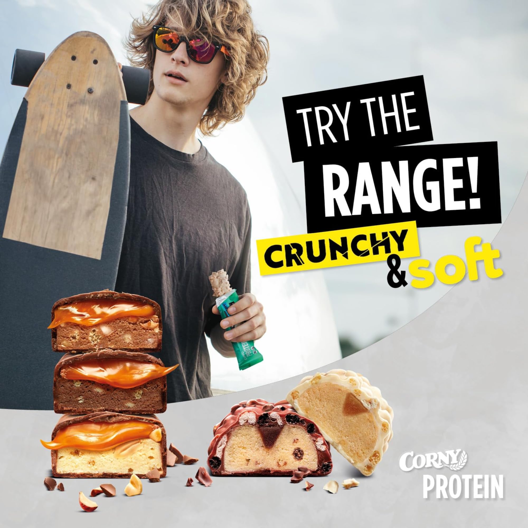 Barritas de Proteínas, Corny Protein,Soft y Crunchy Mix,13,5 gr de Proteínas, 0% Azúcares Añadidos, Ayudan al Desarrollo y Recuperación de la Masa Muscular - Pack 12x45g, Taste the Power