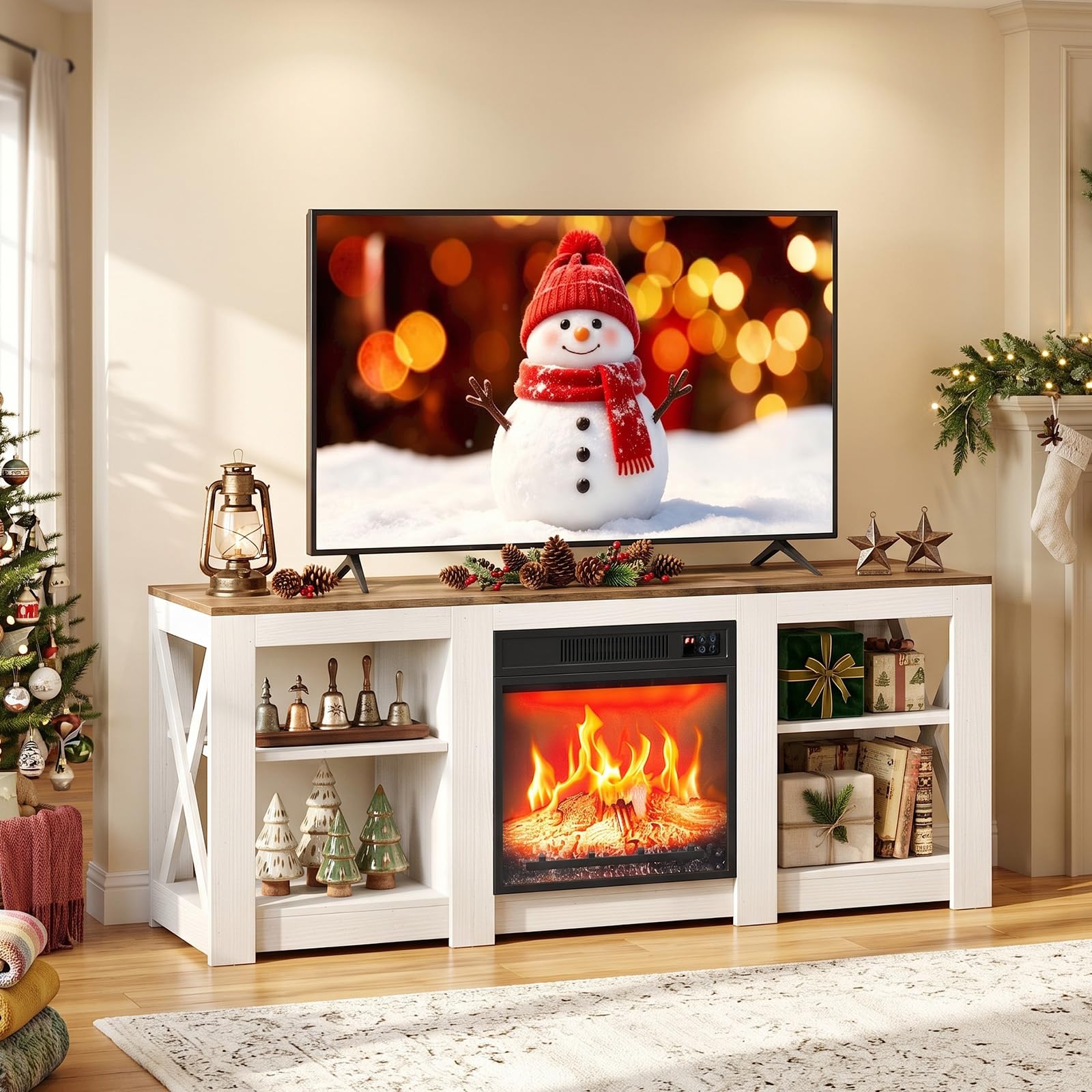 Bonnlo Fireplace TV Unit, TV Stand with Built in Electric Fireplce, Electric Fire and Surround with Remote Control, Overheat Protection, Realistic Flame Effect Heater, Entertainment Center for 70" TV