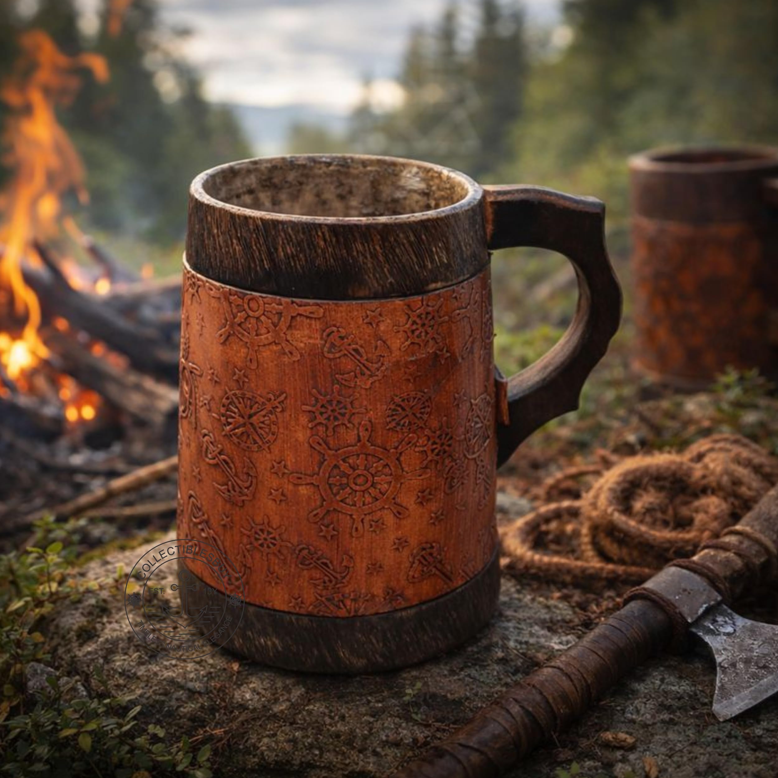 Bierkrug Bastelkrug Teetrinkbecher Wikinger Trinkhornbecher handgefertigt Holz rustikal