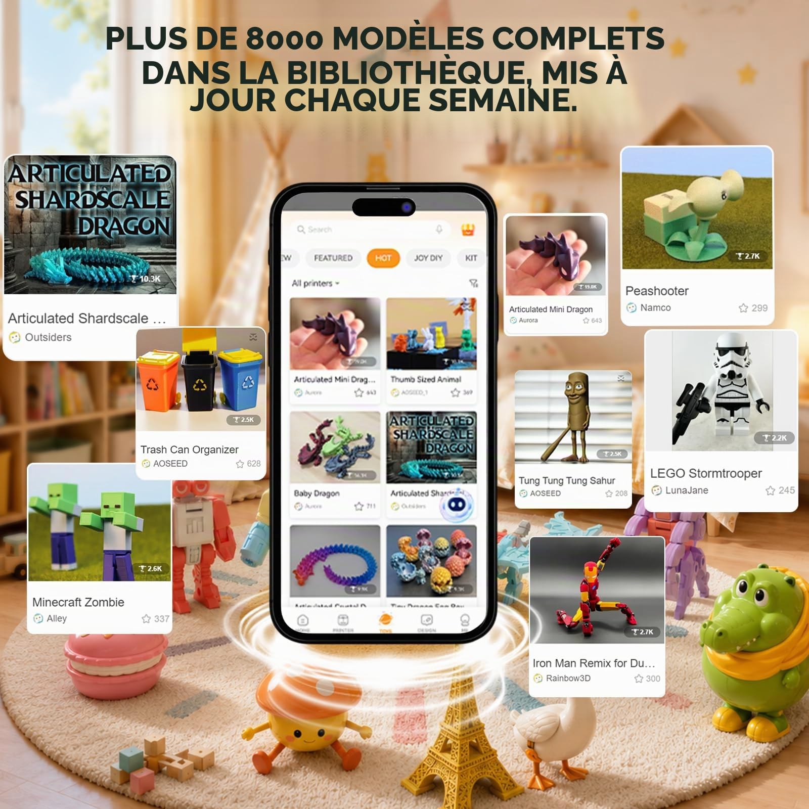 Imprimante 3D Alimentée PLA pour Enfants, Application de Conception AI, Grande Bibliothèque de Jouets, Jusqu’à 400 mm/s, avec 15 Mini Modules 3D, Contrôle App, X-Maker Joy AI+