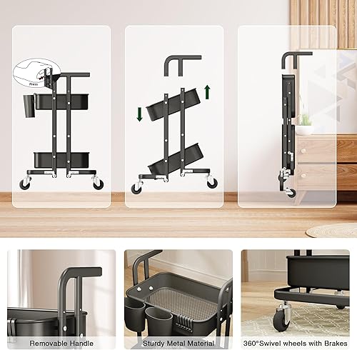 Miniatura 4 de DTK Carrito plegable de 2 niveles, carrito utilitario de metal con ruedas bloqueables, carrito de almacenamiento plegable para sala de estar,