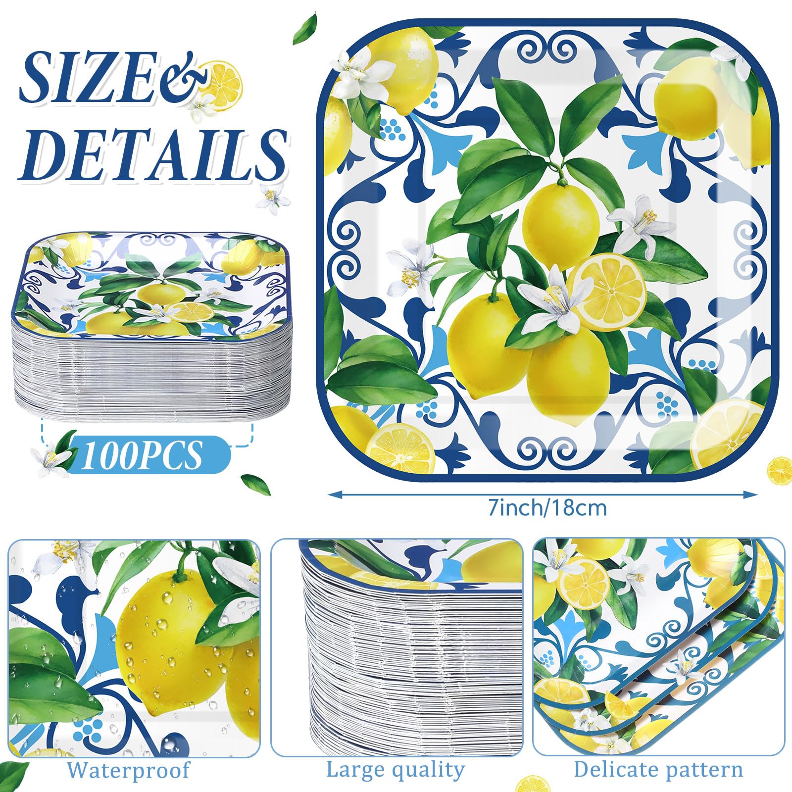 Yungyan 100 Pcs Capri Lemon Party Plates 7 Inch Yellow Lemon Paper Plates Citrus Fruit Disposable Decorative Tableware for Birthday Wedding Bridal Baby Shower Summer Party Decorations Supplies