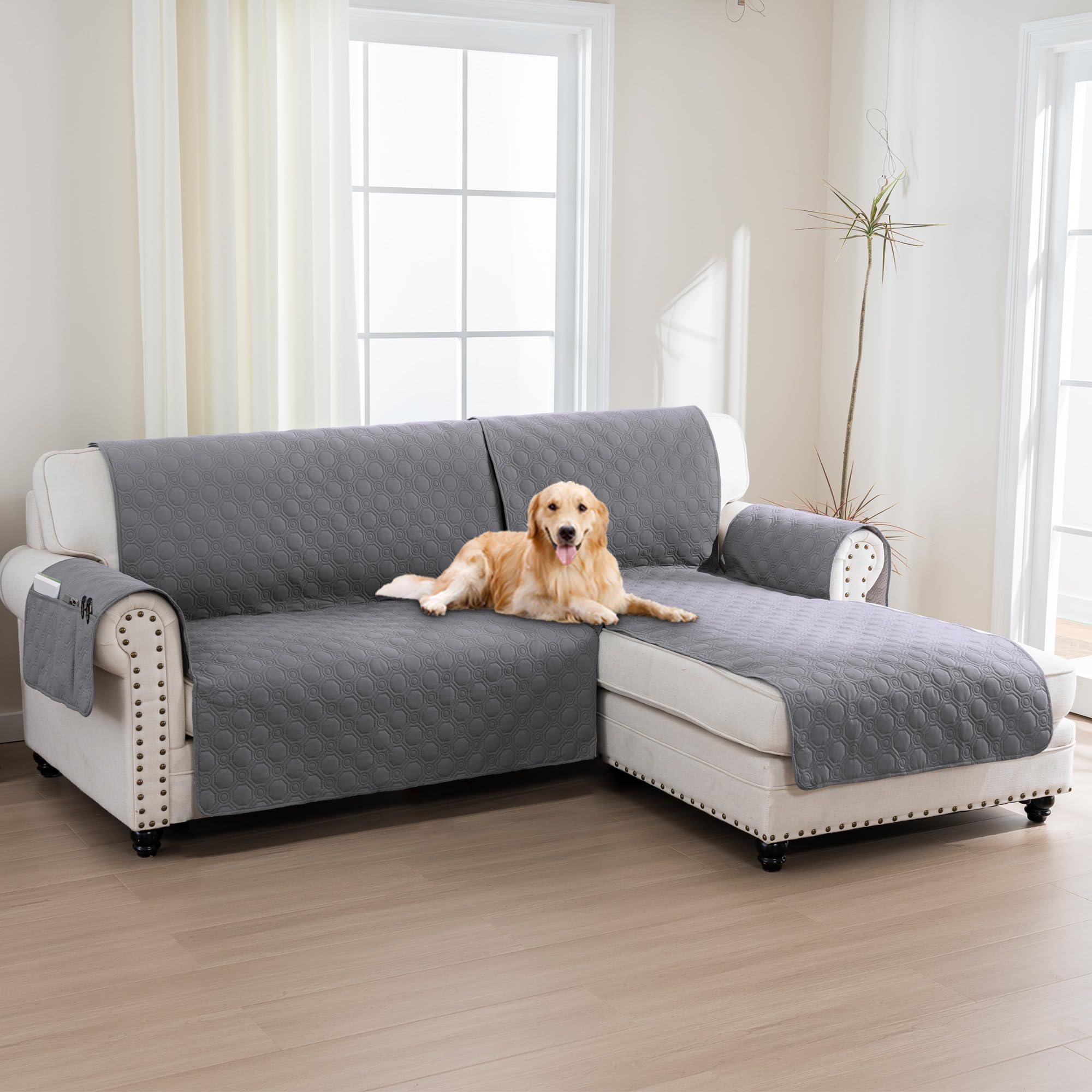 BellaHills 100% Waterproof Sofa Cover L Shape 2 Piece Couch Covers Sectional Chaise Sofa Slipcovers Non Slip Furniture Protectors for Dogs (Right Chaise Lounge Cover + 2 Seat Sofa Cover, Grey)