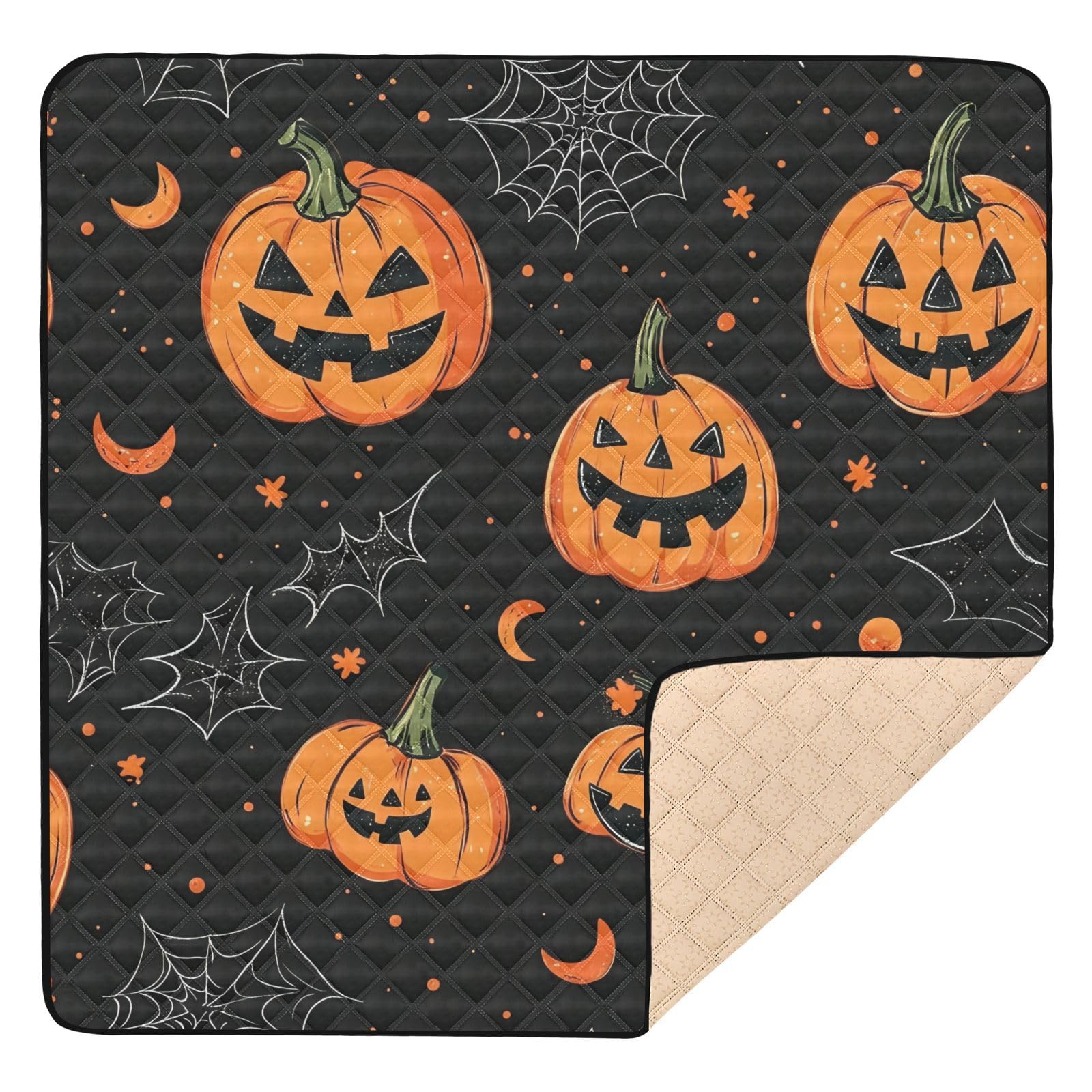 BOESI Doodle Halloween Pumpkin Baby Play Mat, 50“ X 50” Washable Folding Crawling Mat, Baby Floor Mat, Soft, Non-Slip