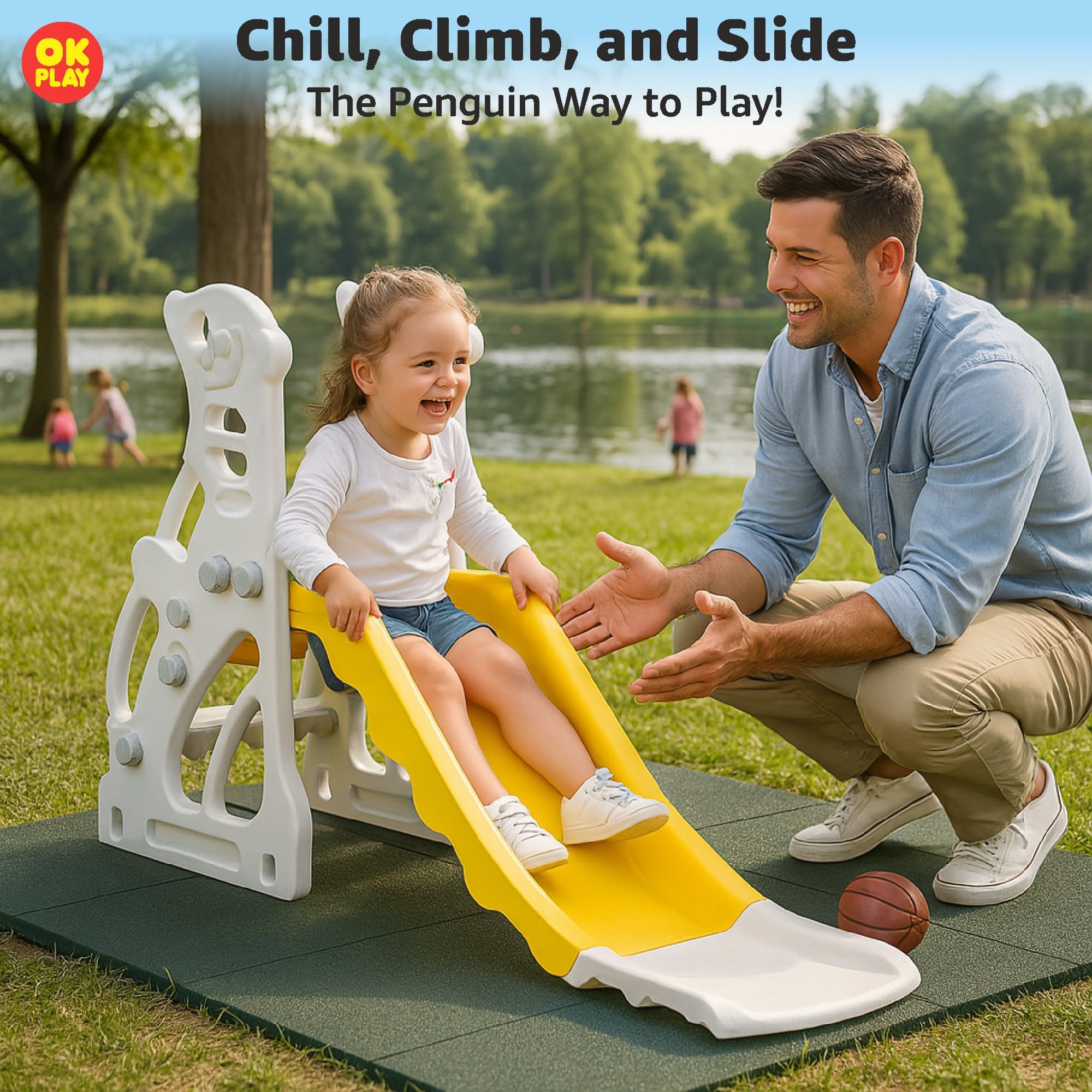 OK PLAY Penguin Slide for 2–4 Year Kids | Indoor Outdoor Slide with Basketball Ring | Easy to Clean | Rounded Edges | Easy Assembly | Small 131 X 61 X 85 cm | Yellow & White 3
