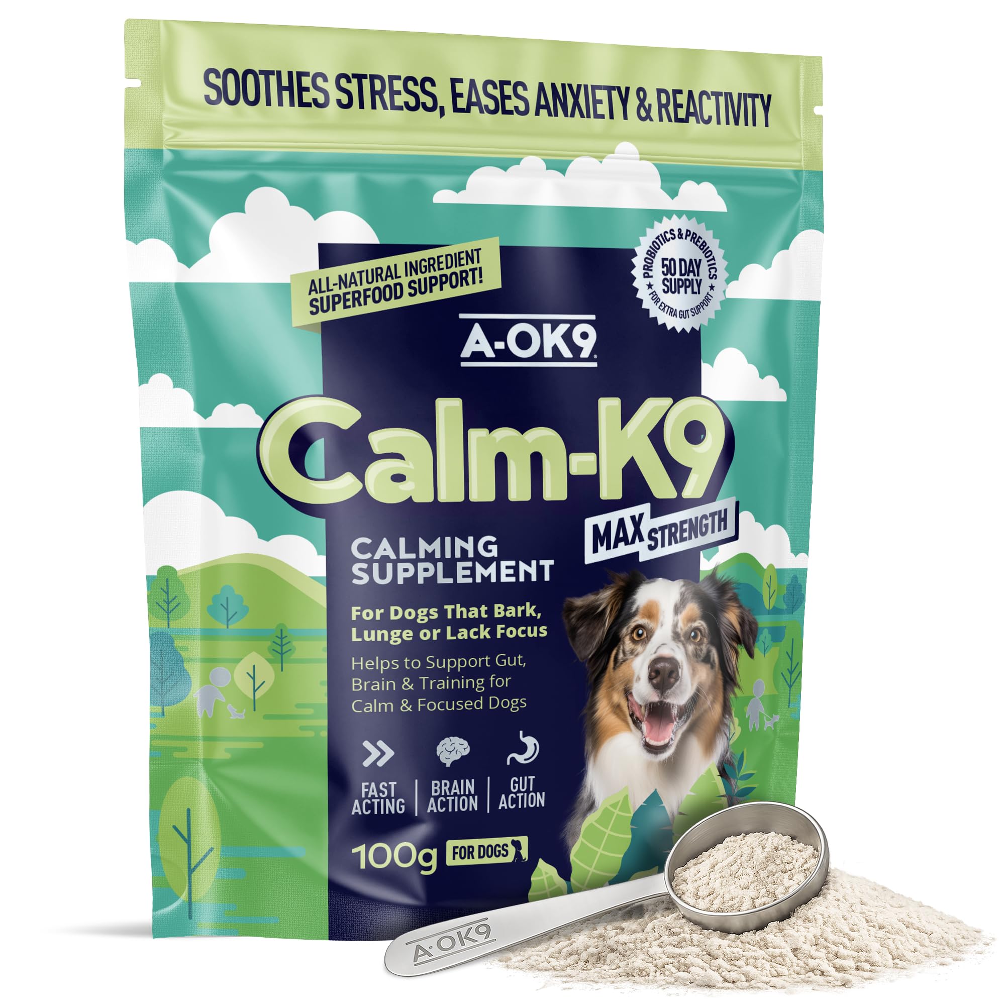 Calming Supplement Powder for Dogs - Helps with Anxiety Relief, Fireworks, Stress & Barking - Natural Ingredients & Superfoods - Mix with Dog or Puppy Food - All Ages & Breeds