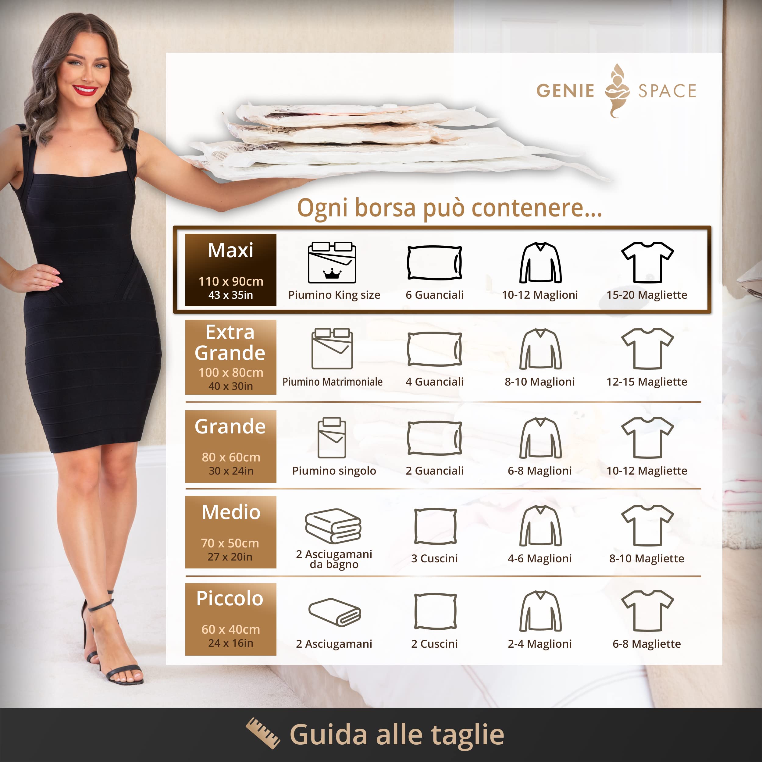 GENIE SPACE Sacchetti Sottovuoto Premium per Vestiti e Biancheria, MAXI 110x90cm (4 Pezzi) con Pompa da Viaggio – Riutilizzabili, Ermetici e Anti-odore per Armadi, Cassetti e Valigie