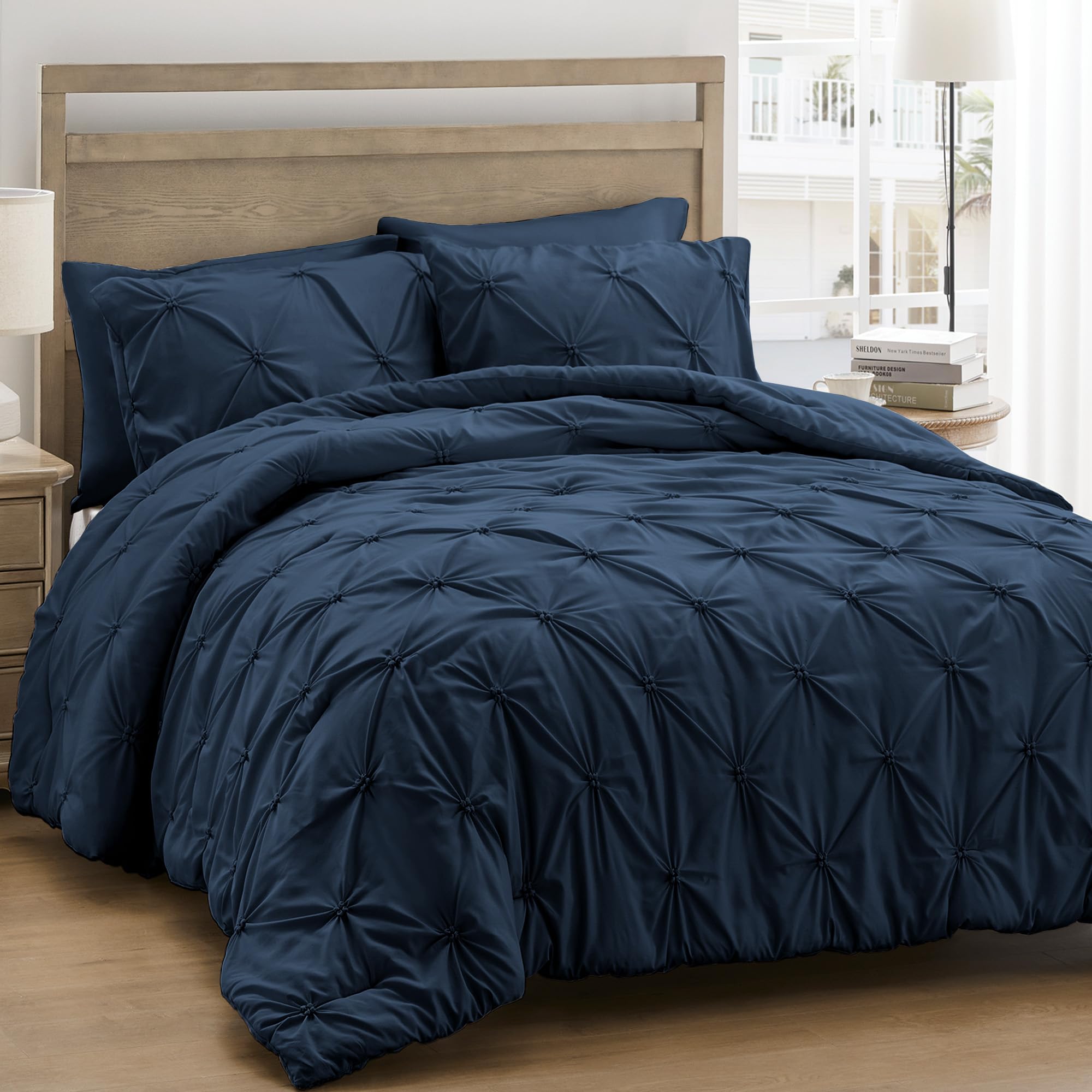 Queen Comforter Set Navy/Royal Blue - Ultra Soft Boho Pintuck Down Alternative Bedding Set for All Seasons, 3 Pieces Lightweight Warm Pinch Pleat Bed Set with Comforter, 2 Pillowcases