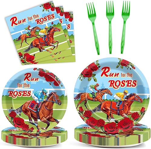 Qyeahkj Juego de 100 piezas de vajilla de carreras de caballos para carreras de caballos para las rosas, suministros de fiesta, platos desechables Qyeahkj Juego de 100 piezas de vajilla de carreras de caballos para carreras de caballos para las rosas, suministros de fiesta, platos desechables