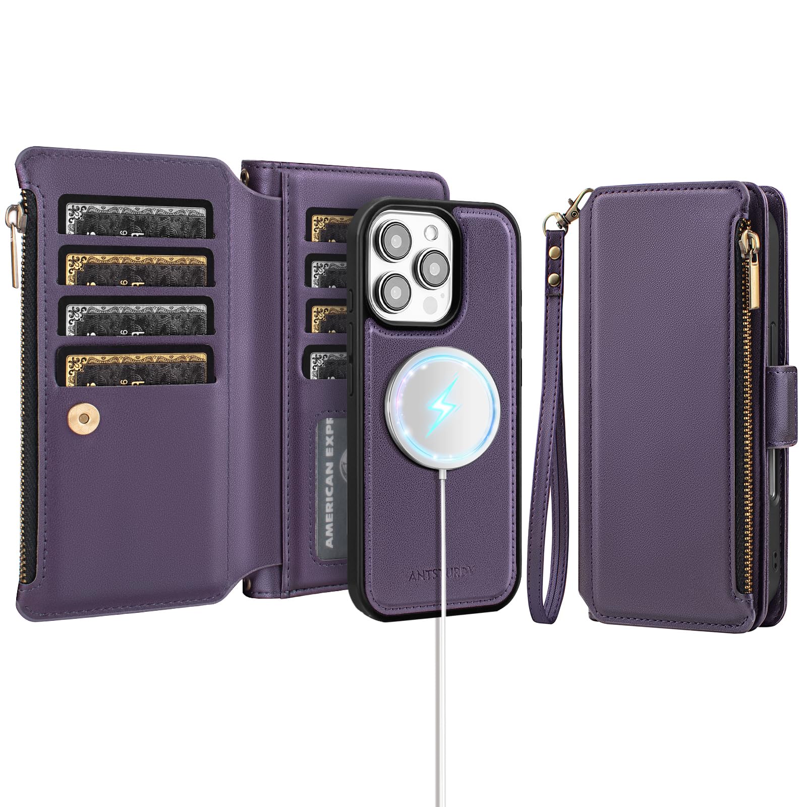 Antsturdy Compatible with Magsafe Magnetic 2 in 1 Detachable iPhone 16 Pro Max Wallet Case with Credit Card Holder Slots,PU Leather RFID Blocking