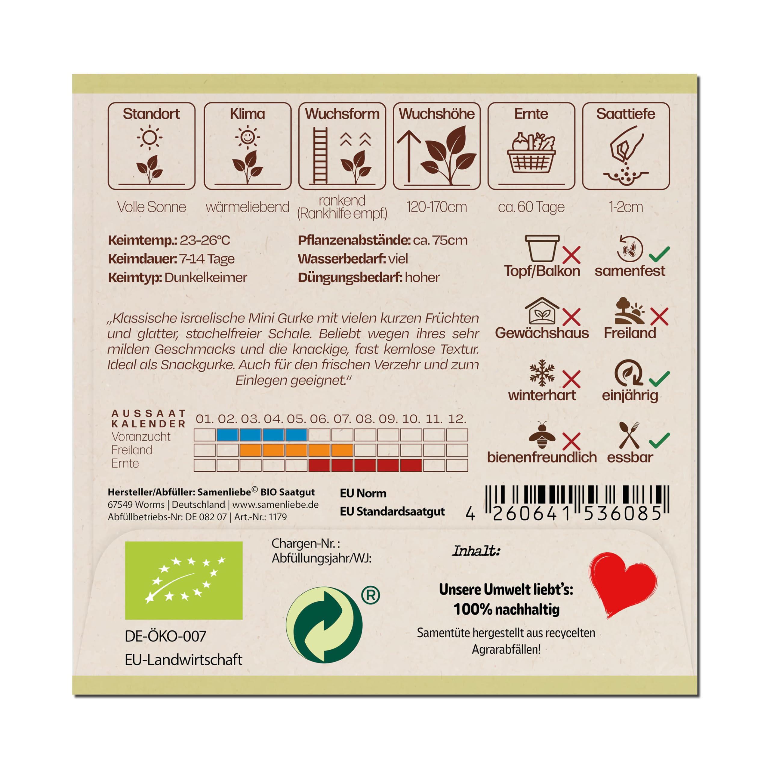 Samenliebe BIO Gurken Samen | Snackgurke Beth Alpha - mini & glatt - samenfestes BIO Saatgut