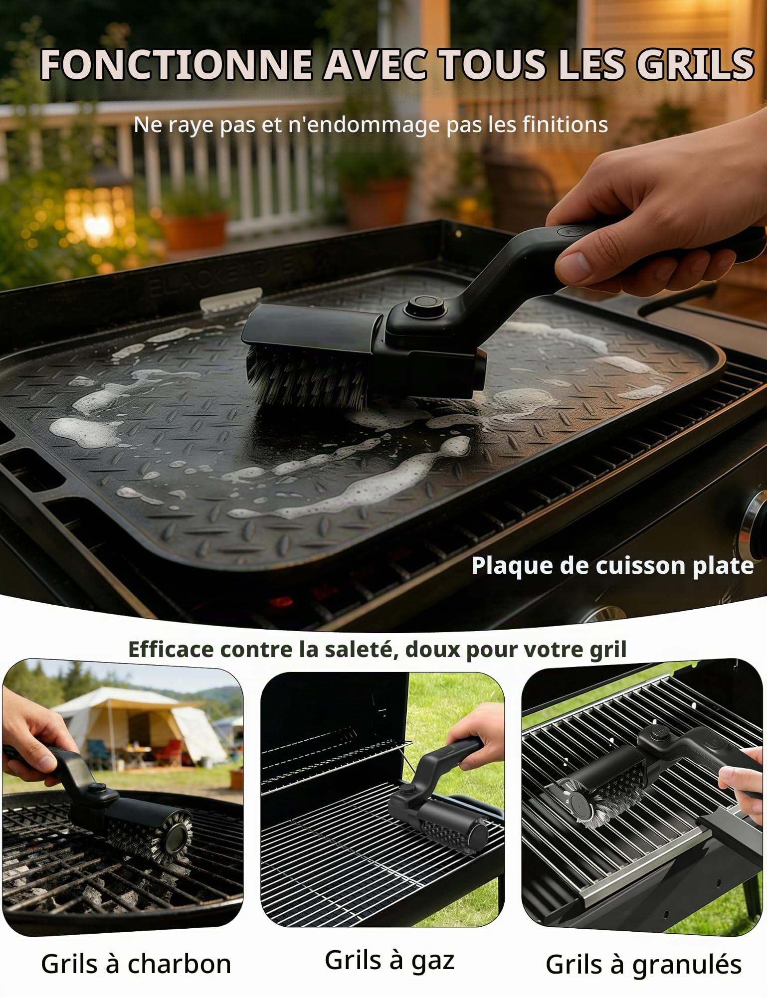 Brosse Électrique pour BBQ sans Fil, Nettoyeur de Grill Rechargeable 90 min | Idéal pour Barbecue, Grill et Plancha. 3 Vitesses de Puissance et 90 min d'Autonomie. Nettoyage Efficace et sans Effort