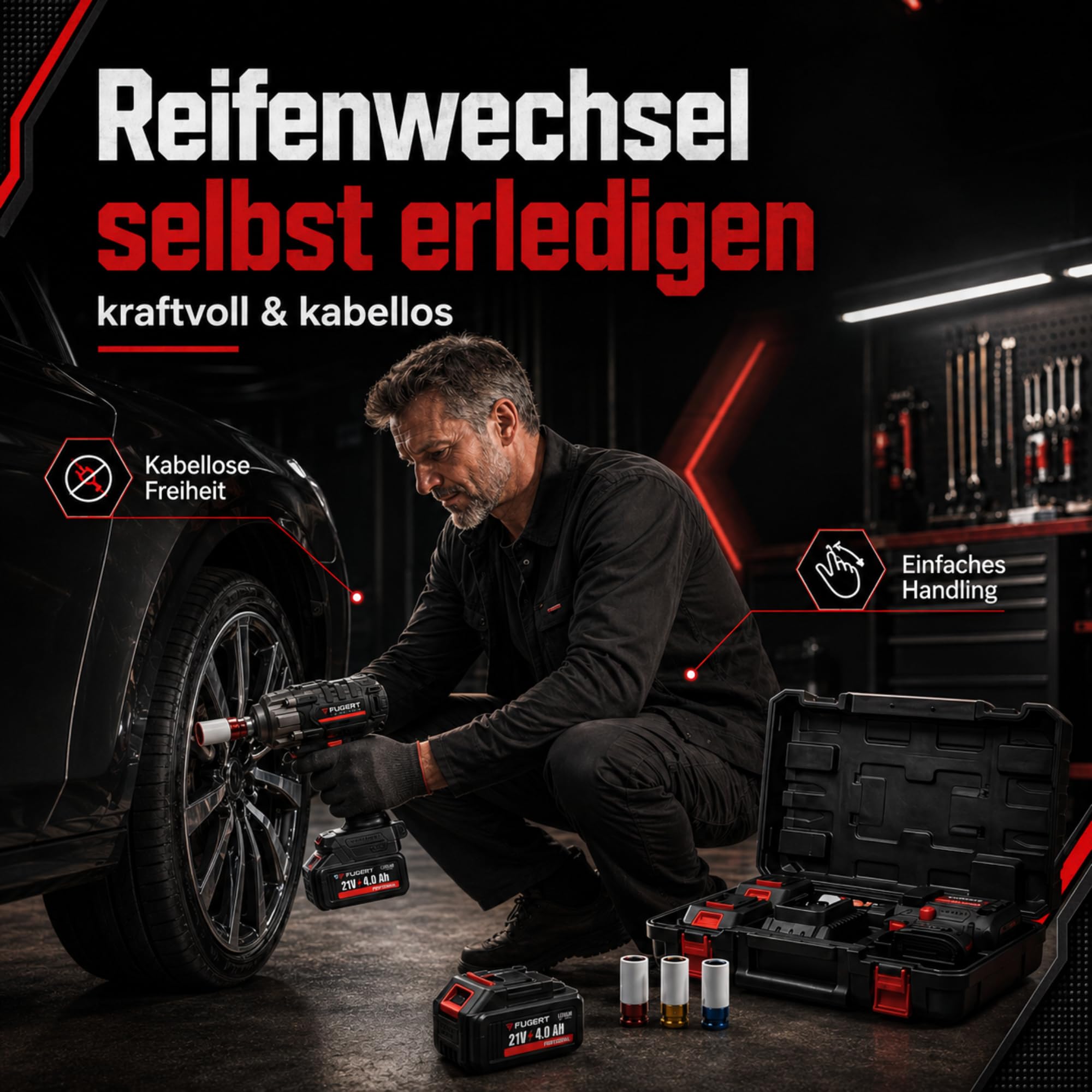 Akku Schlagschrauber 1/2 Zoll mit 2 Akkus 4.0Ah – 850Nm – Bürstenloser Motor – 3 Stufen + RSS-MODUS – Komplett-Set mit farbcodierten Nüssen & Koffer – Perfekt für Auto & Reifenwechsel