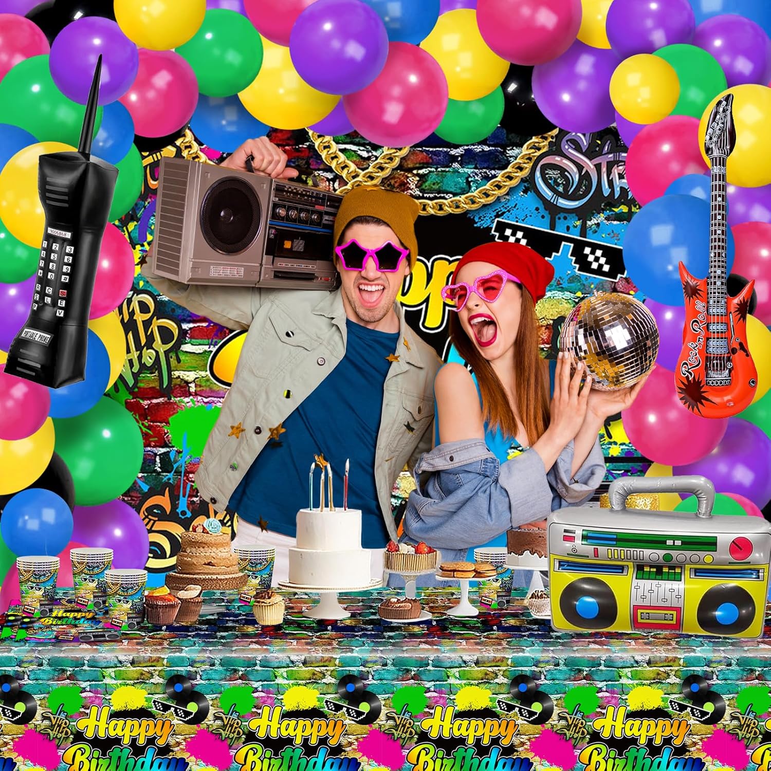 80s Birthday Decorations 280 PCS Back to The 80s 90s Backdrop Balloons Hip Hop Plates Napkins Cups Party Supplies Serve 24 Decades Party Decorations
