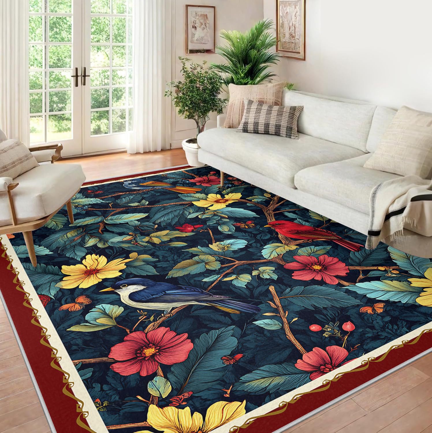 Tapis lavable 180x270cm antidérapant à poils bas motif floral exotique