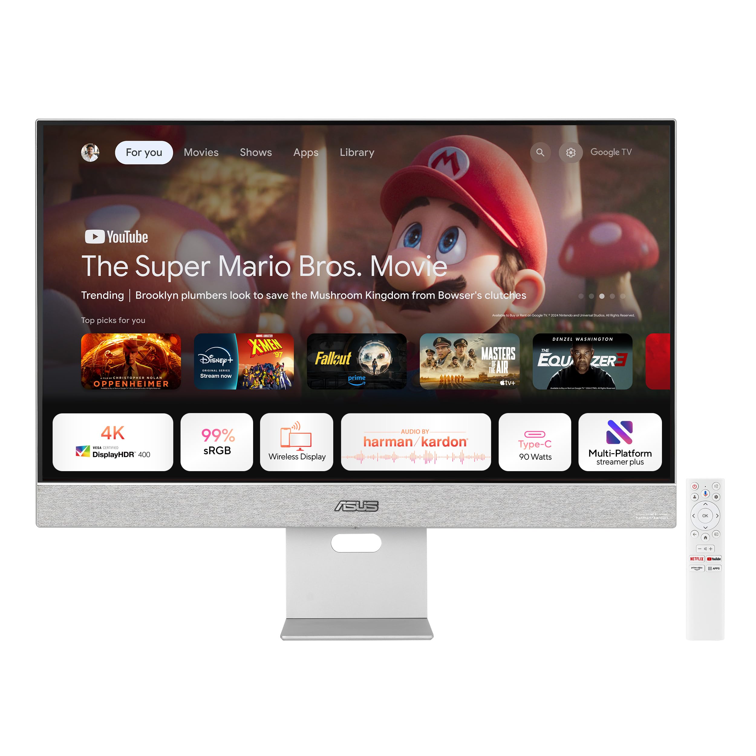 ASUS ZenScreen Smart MS27UC - Monitor IPS UHD (3840 x 2160) de 27 Pulgadas con 99% sRGB, Google TV, Altavoces Harman Kardon, USB Tipo-C (90 W PD), HDMI, DisplayPort, concentrador USB
