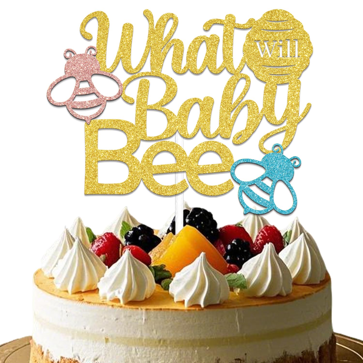 What Will Baby Bee Cake Topper,Honey Bee Gender Reveal Party Cake Decor,Boy Or Girl,Pregnancy Announcement Gender Reveal New Baby Shower Birthday Party Supplies Gold Glitter