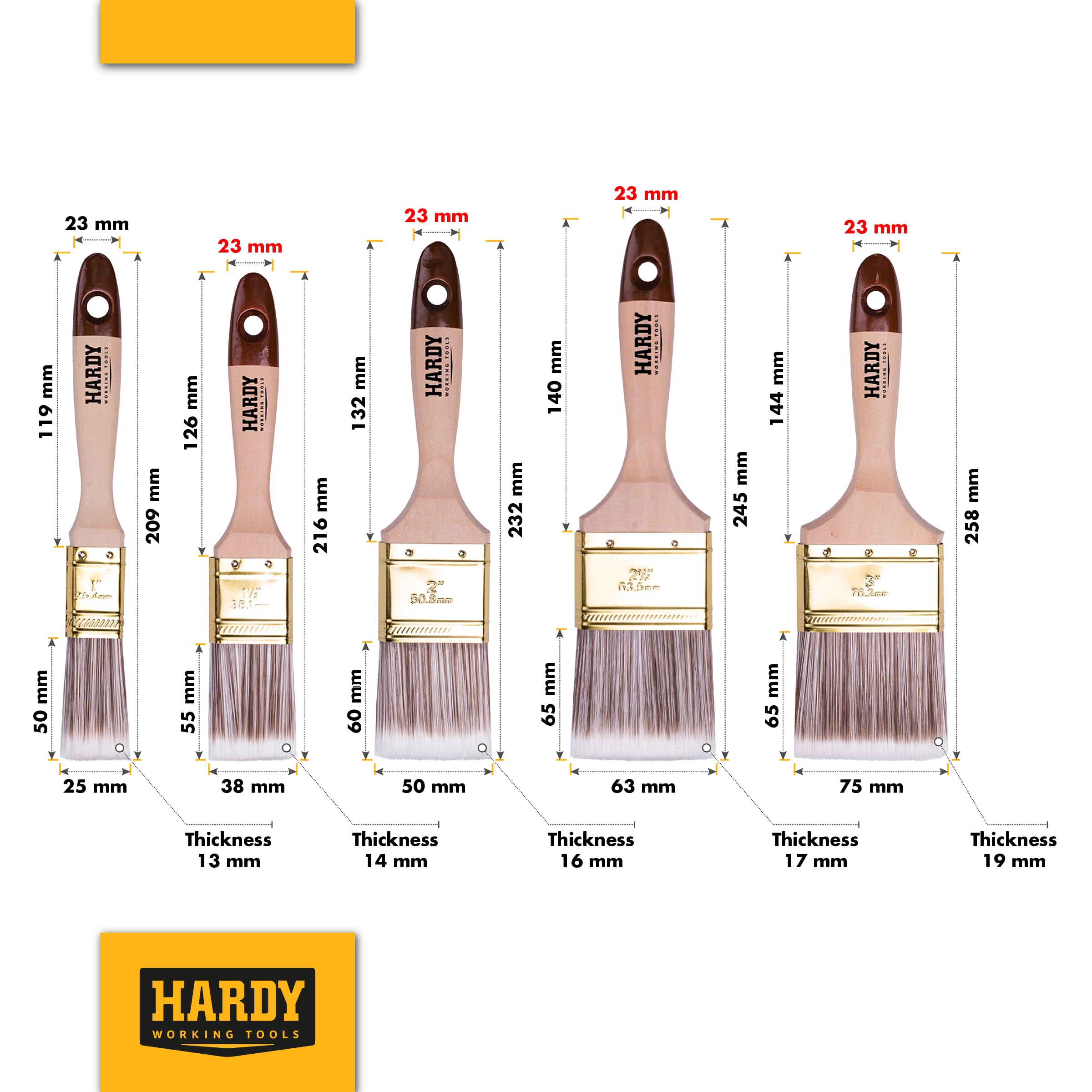 5 Pinceaux Plats Professionnels - Manche Bois, Poils Synthétiques, Pour Peinture Murale Et Meubles