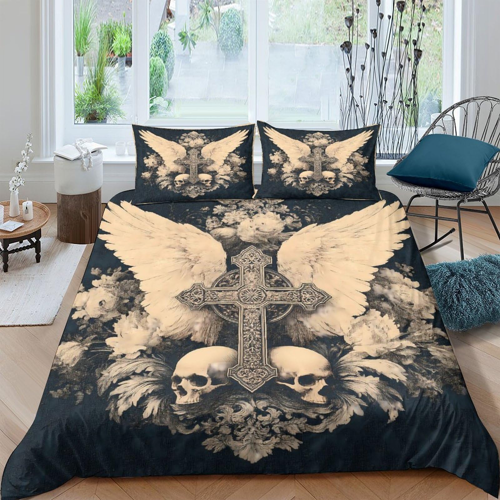 Ctjqhvkz Style-9 3D Printed Gothic Angel Wings Fitted Sheet Microfiber Black Skull Cross Bed Cover Anti-Slip Bedroom Decor Machine Washable Single（135X200cm）