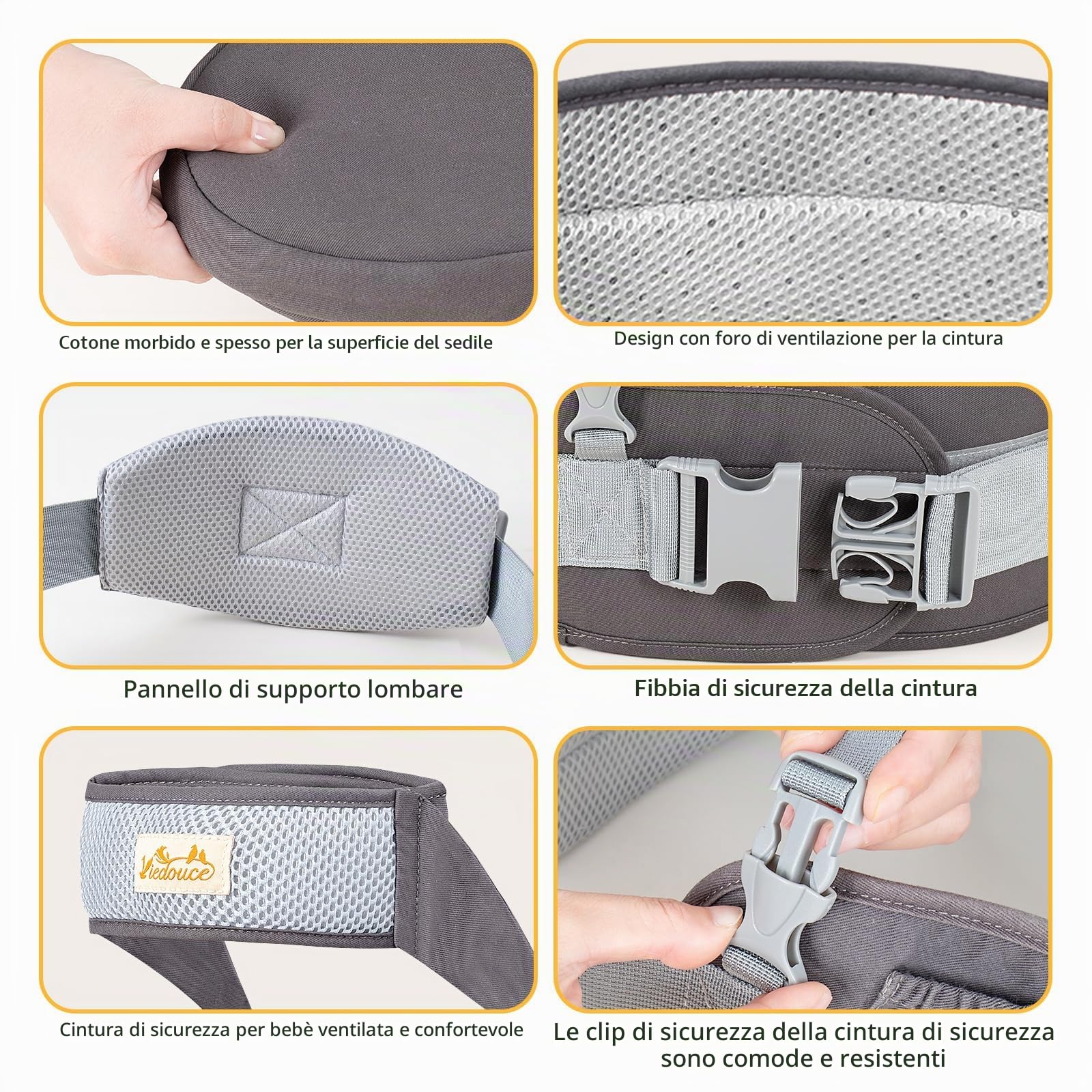 Viedouce Hipseat Marsupio Neonato Ergonomico, Neonati Marsupio Bambino con Cintura di Sicurezza, Leggero e Traspirante per 4-36 Mesi (Grigio Scuro)