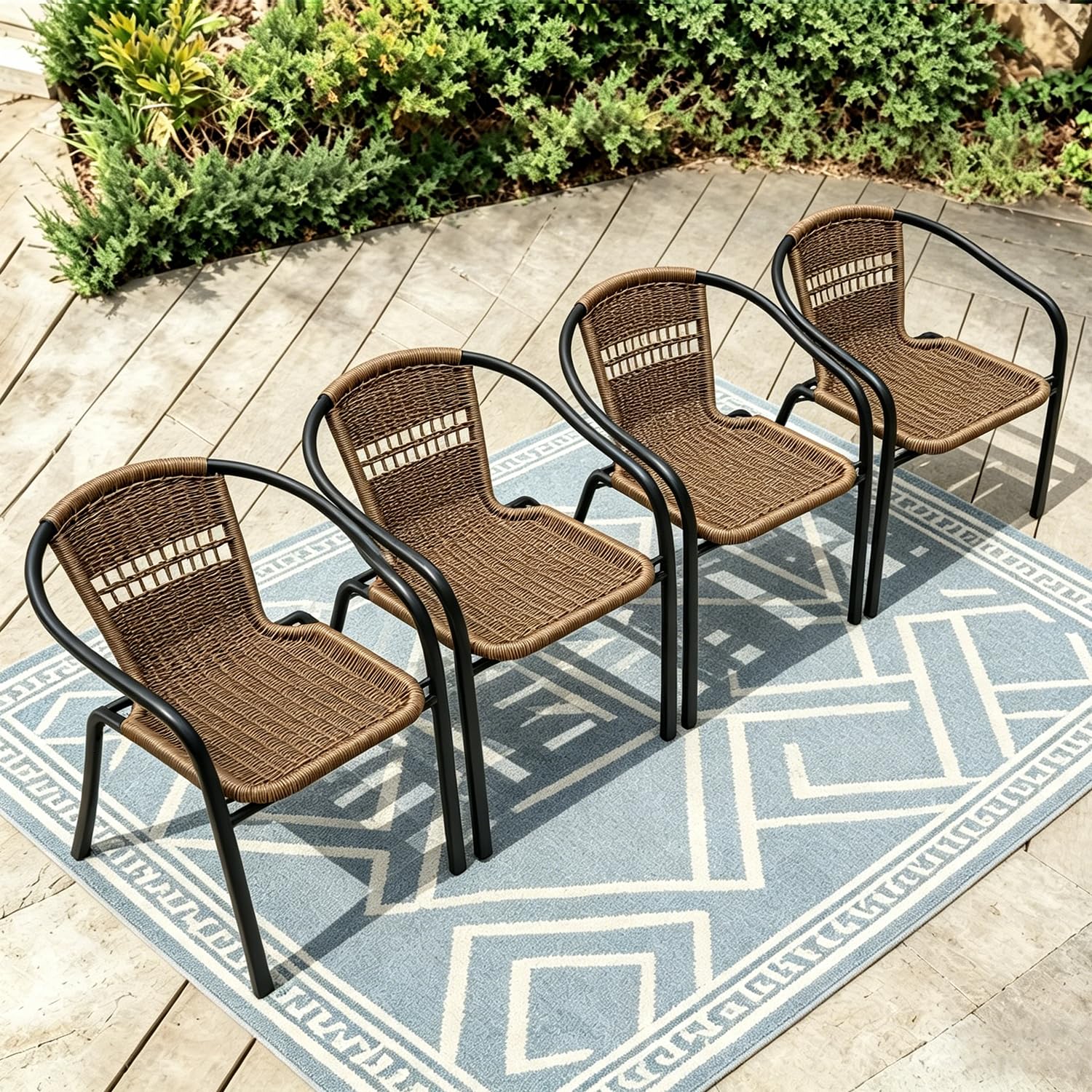 4 Stackable Wicker Patio Chairs, Weather-Resistant Outdoor Seating, Ideal for Balcony Porch Lawn &amp; Small Patio Furniture Set Decor, Brown