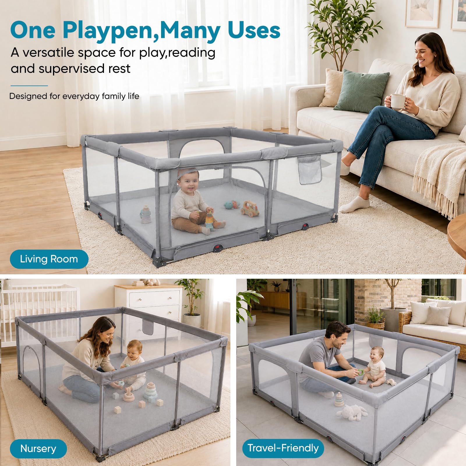 Box Pieghevole per Bambini 180 x 150 cm con Rete Traspirante | 2 Ingressi Laterali, Bordi Morbidi, Interno ed Esterno, Senza Montaggio, Anelli per Trazioni