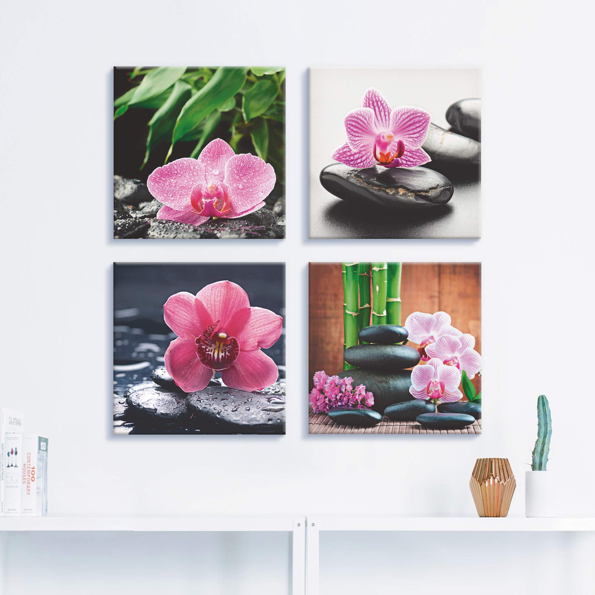 ARTLAND Wanddeko Wellness Bilder Leinwand Bilder Set 4tlg. je 40x40 cm Quadratisch Wandbilder Zen Orchidee Stein Tropfen Spa S6MH