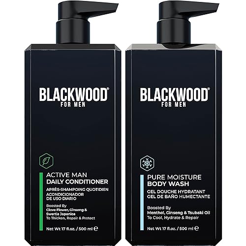BLACKWOOD FOR MEN Active Man - Acondicionador diario (17 onzas) y gel de baño de humedad pura (17 onzas), fórmula vegana natural, sin sulfato, sin