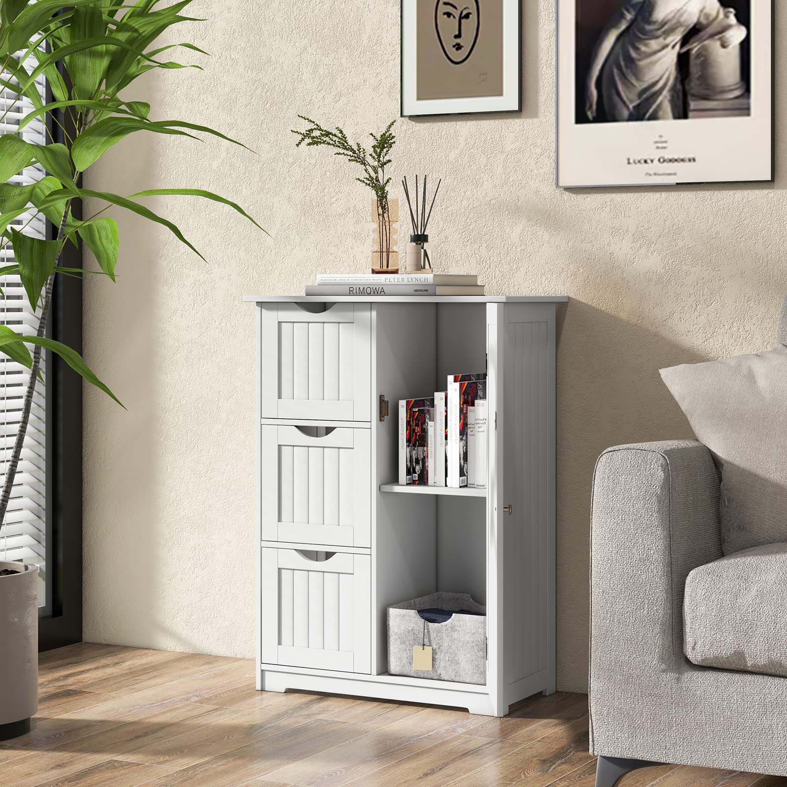 GOPLUS Meuble de Salle de Bain avec 3 Tiroirs, Meuble Rangement Placard avec Porte Magnétique, Anti-Basculement & Étagère Réglable, 58x28x81cm, Blanc
