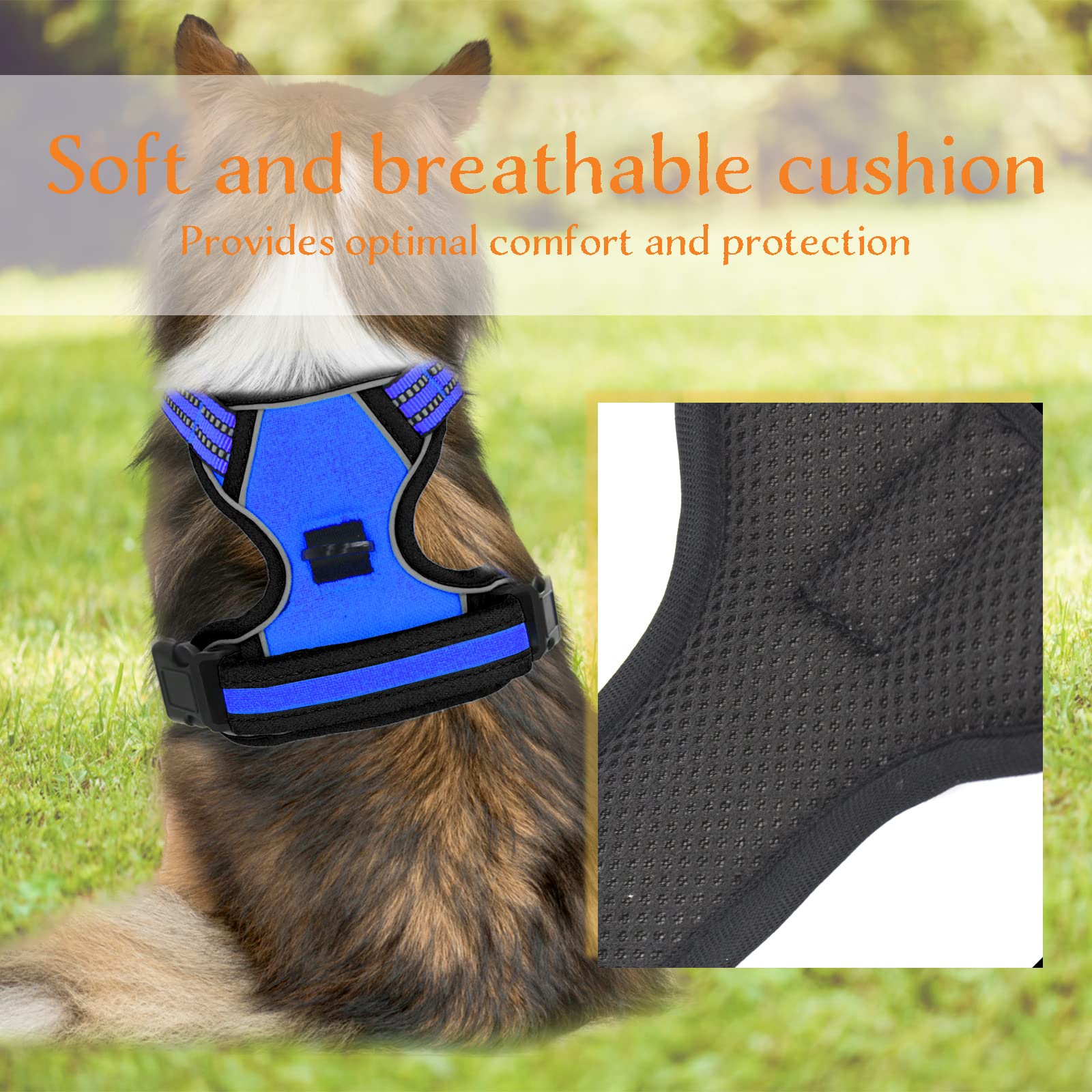 No Pull Dog Harness for Medium Large Dogs Adjustable Reflective Pet Vest with Front Clip Easy Control Handle Breathable Padded Harness with a Lead for Training Walking Blue L - Image 4