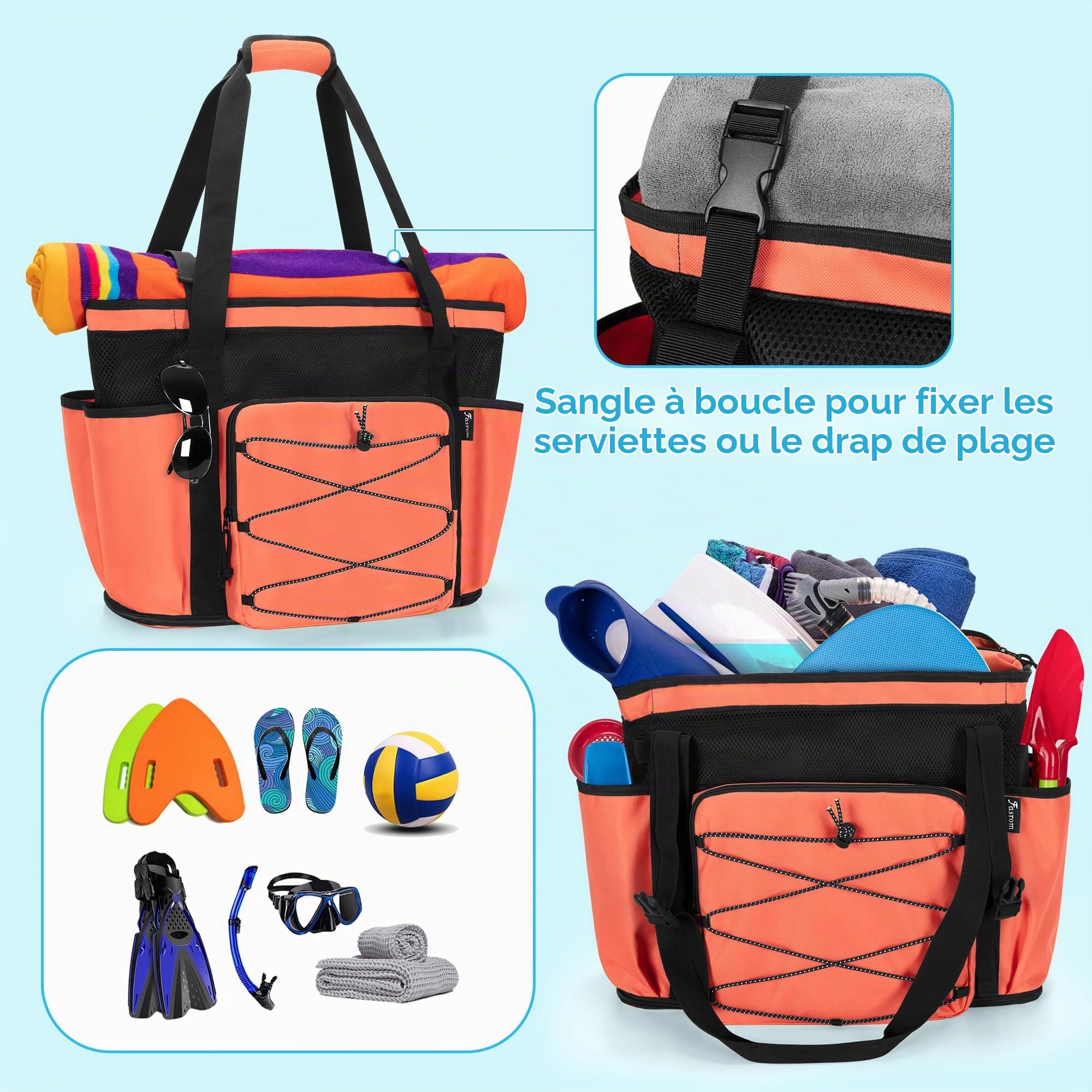 Grand Sac de Plage en Maille avec Fond Zippé, Séparation Humide/Sec, Orange | 2 couches séparées, poche imperméable translucide, 6 pochettes élastiques, 1 poche zippée, compartiment avant filet