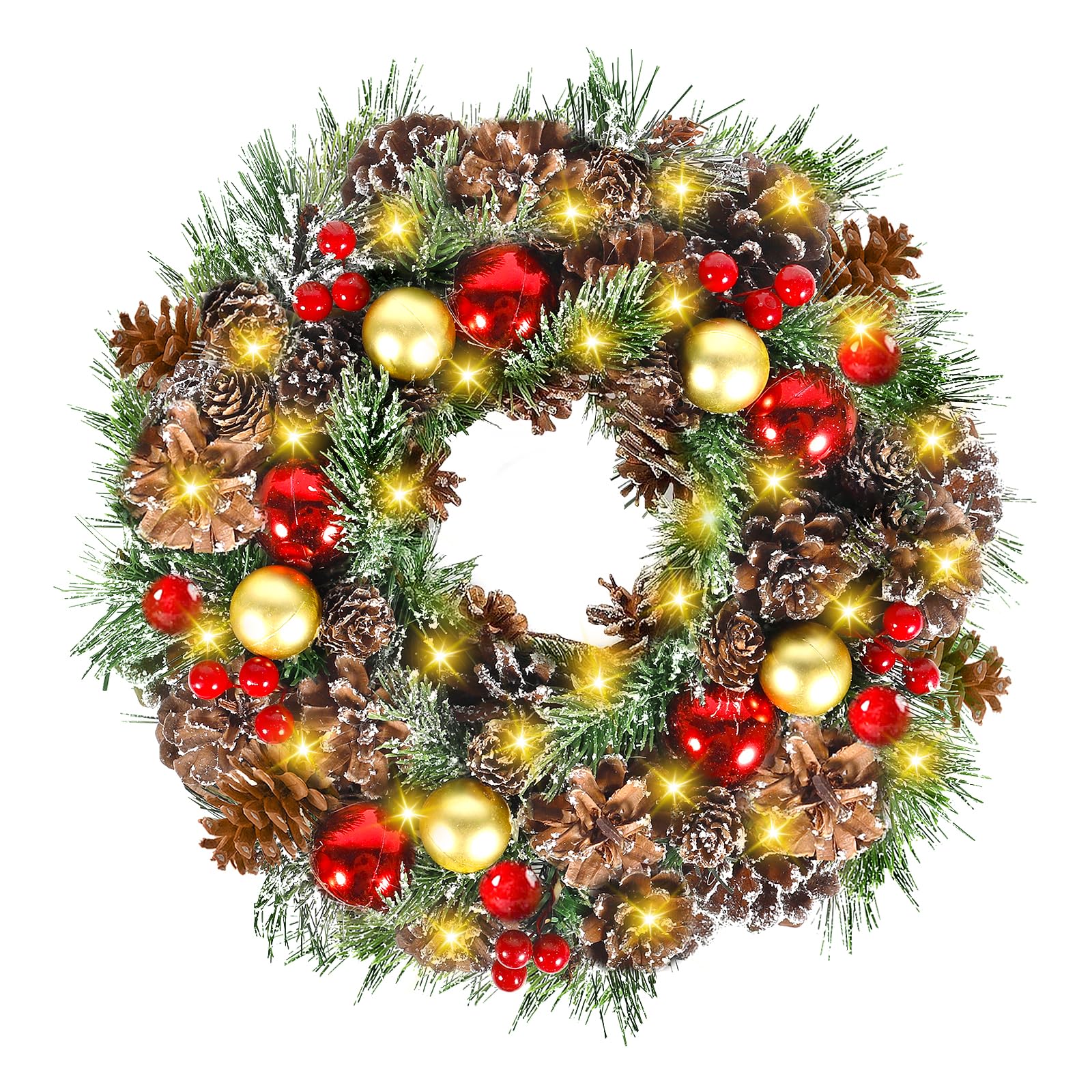 Corona de Navidad 30 cm, Corona de Navidad para Puerta LED,Corona de Navidad con piñas de Abeto, Guirnalda de Acción de Gracias Decoraciones Adorno de Guirnalda de Navidad Decoración del Hogar