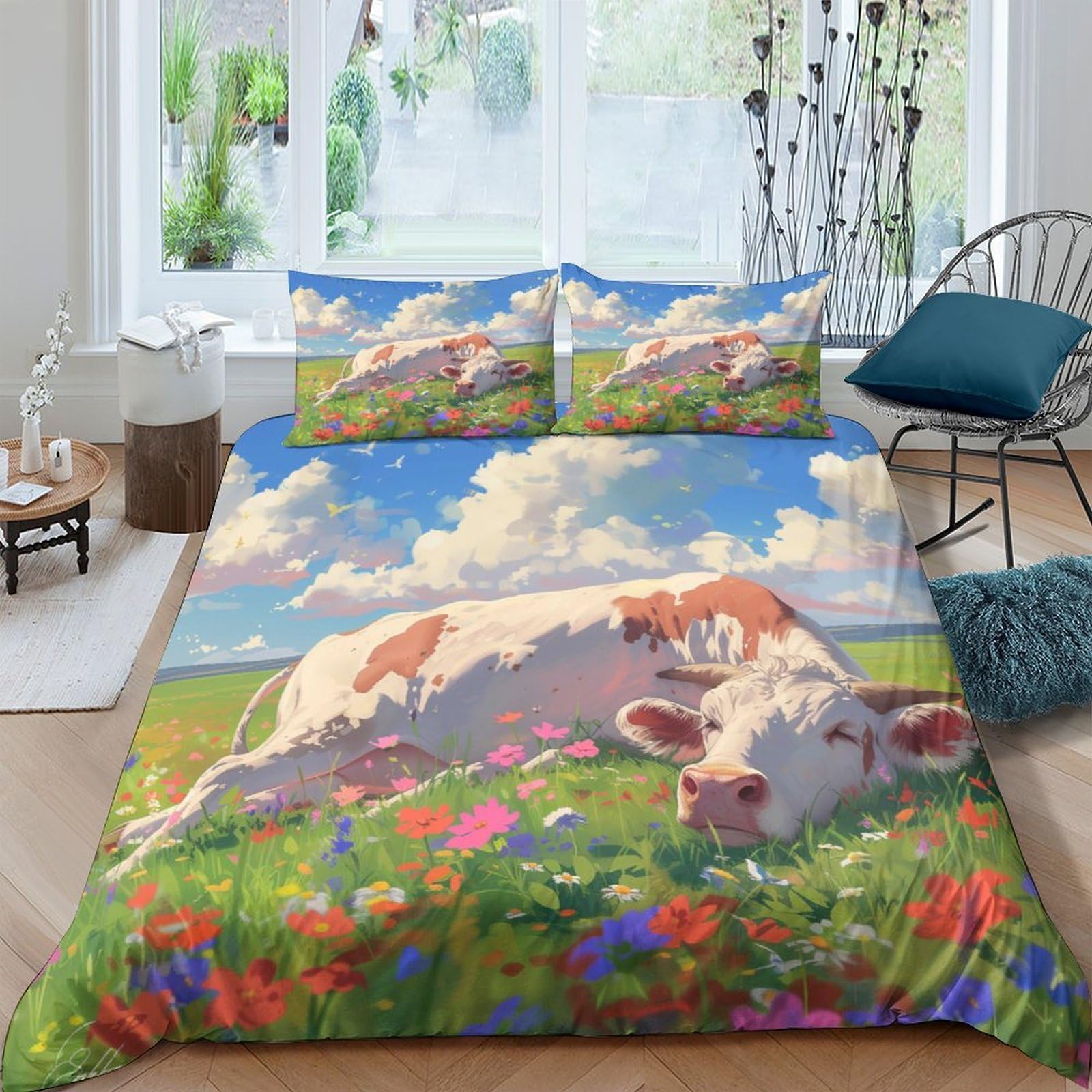 Ctjqhvkz Style-2 3D Printed Pastoral Cow Meadow Fitted Sheet Microfiber Soft Breathable Wildflower Bed Cover For Bedroom Guest Room Single（135X200cm）