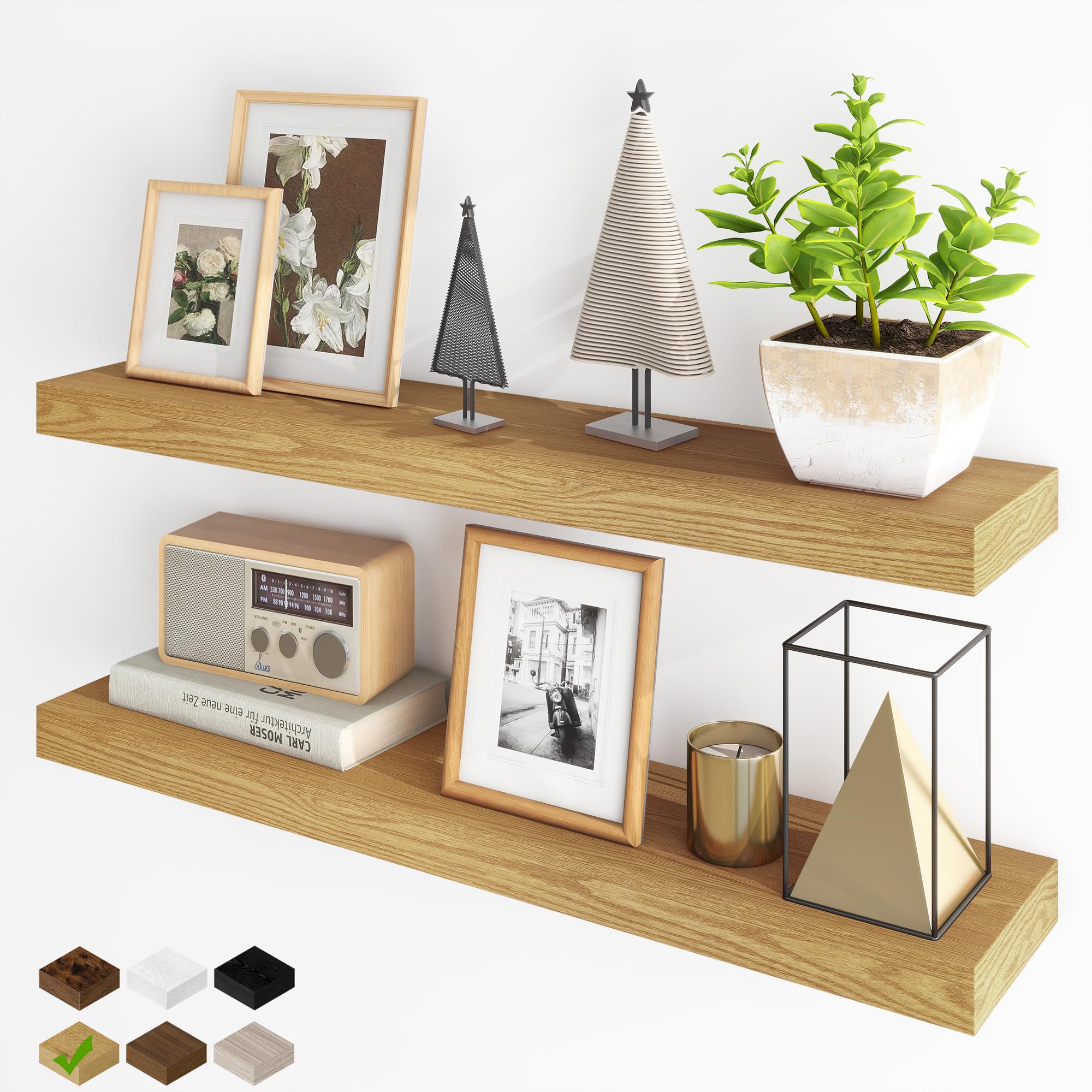 Photo 1 of Fun Memories Floating Shelves for Wall, 36Inch Floating Shelves Set of 2, Hanging Shelf with Invisible Brackets, Bathroom Shelves for Living Room, Bedroom, Kitchen- Oak