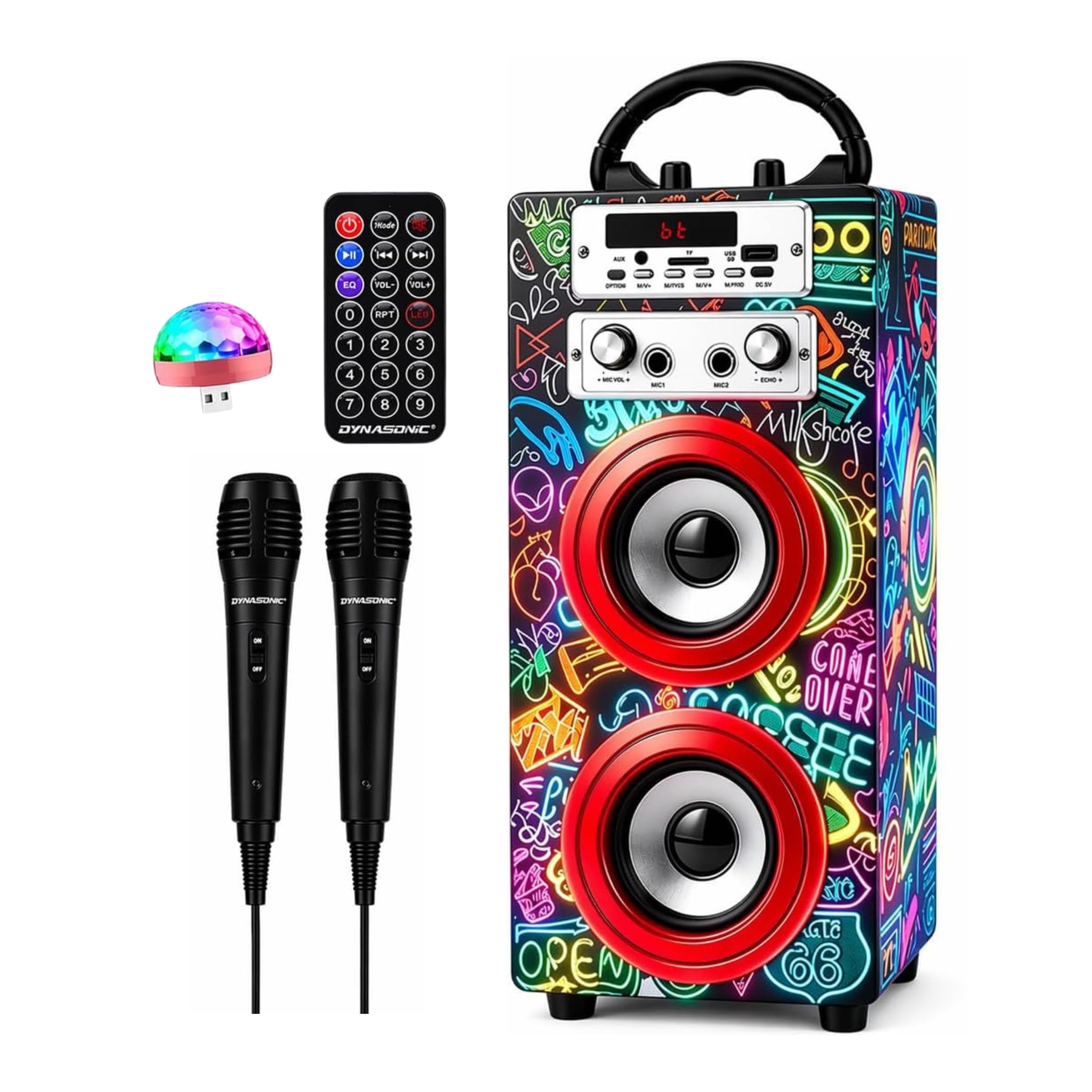 DYNASONIC Macchina Karaoke Portatile, 2 Microfoni, Altoparlante Bluetooth, Luci, Lettore USB e SD (025-21 lights)