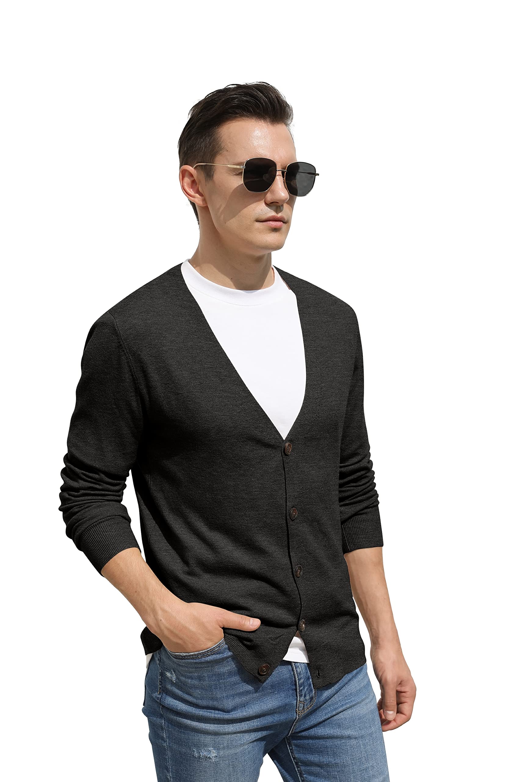 Hisir Men's Knit Cardigans Jumpers Lightweight Classic Soft Wool V Neck Cardigan with Buttons, Long Sleeve Knitwear Pullover Sweaters for Men, Mens Gift