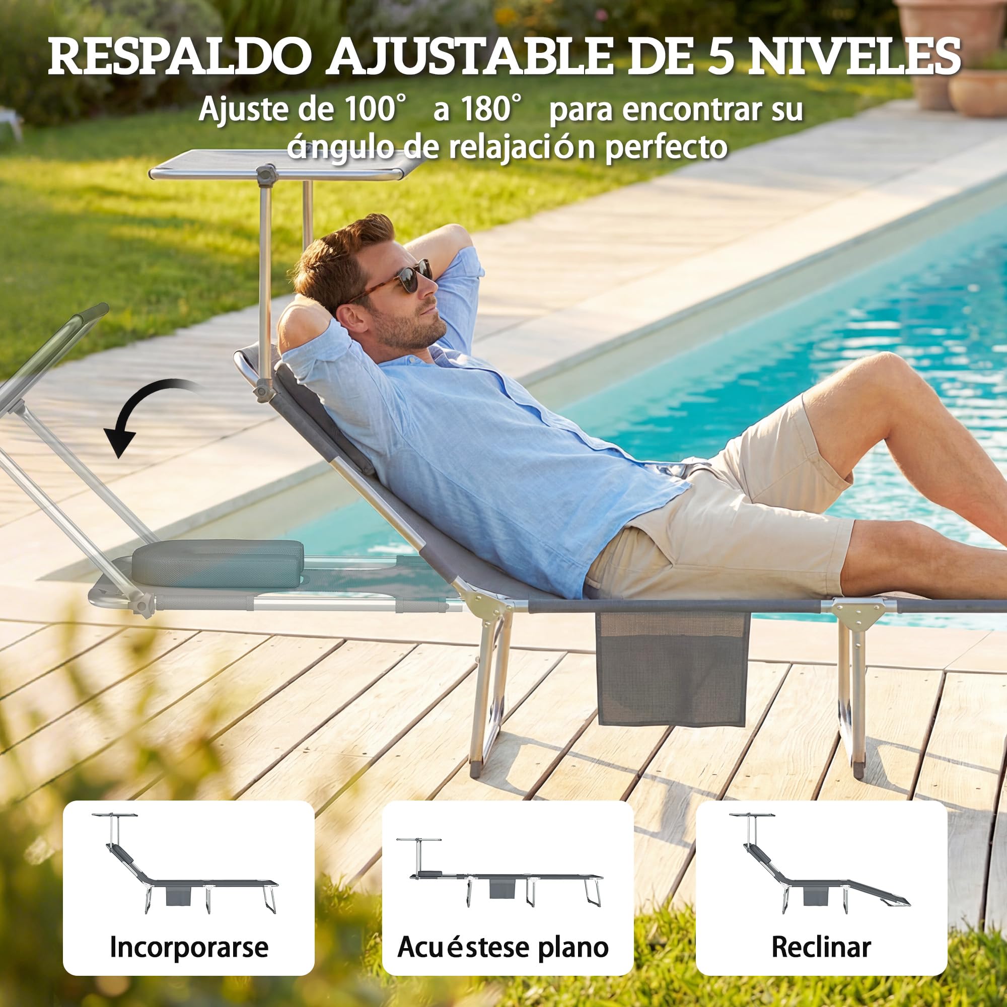 Outsunny Set de 2 Tumbonas Jardín Exterior, Tumbonas Plegables con Reposacabezas, Dosel 360°, Orificio Facial, Bolsillo Lateral, Respaldo Reclinable 5 Posiciones y Textilene 550 g/m² para Playa, Gris — view 6