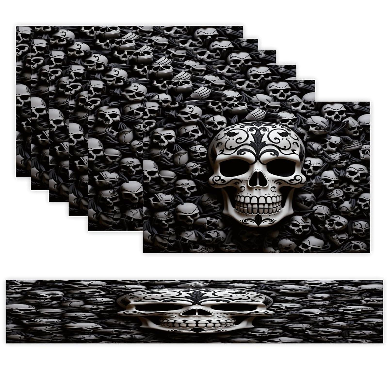Black and White Skulls Table Runner and Placemats of 6 Washable Heat Resistant Place Mats with Table Runner Vintage Holiday Table Mat Set for Holiday Party Kitchen Dining Deco