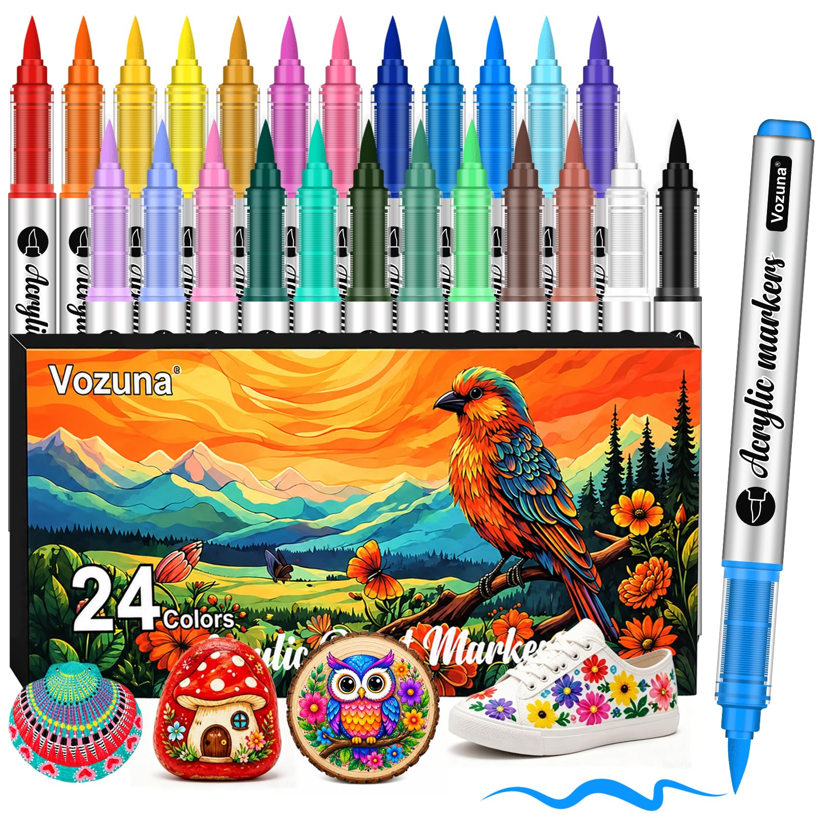 Vozuna 120 Acrylstifte Set Wasserfest – Acrylmarker mit Pinselspitze zum Steine Bemalen, für Glas, Porzellan, Holz, Leinwand, Keramik, Stoff & Papier – Schnelltrocknend, Deckend