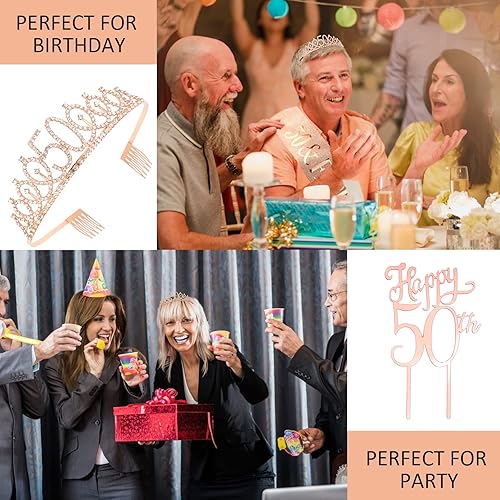 Miniatura 3 de Juego de banda y corona y tiara de cumpleaños número 50, regalos de cumpleaños 50 para mujeres, decoraciones de cumpleaños 50 para mujer, decoración