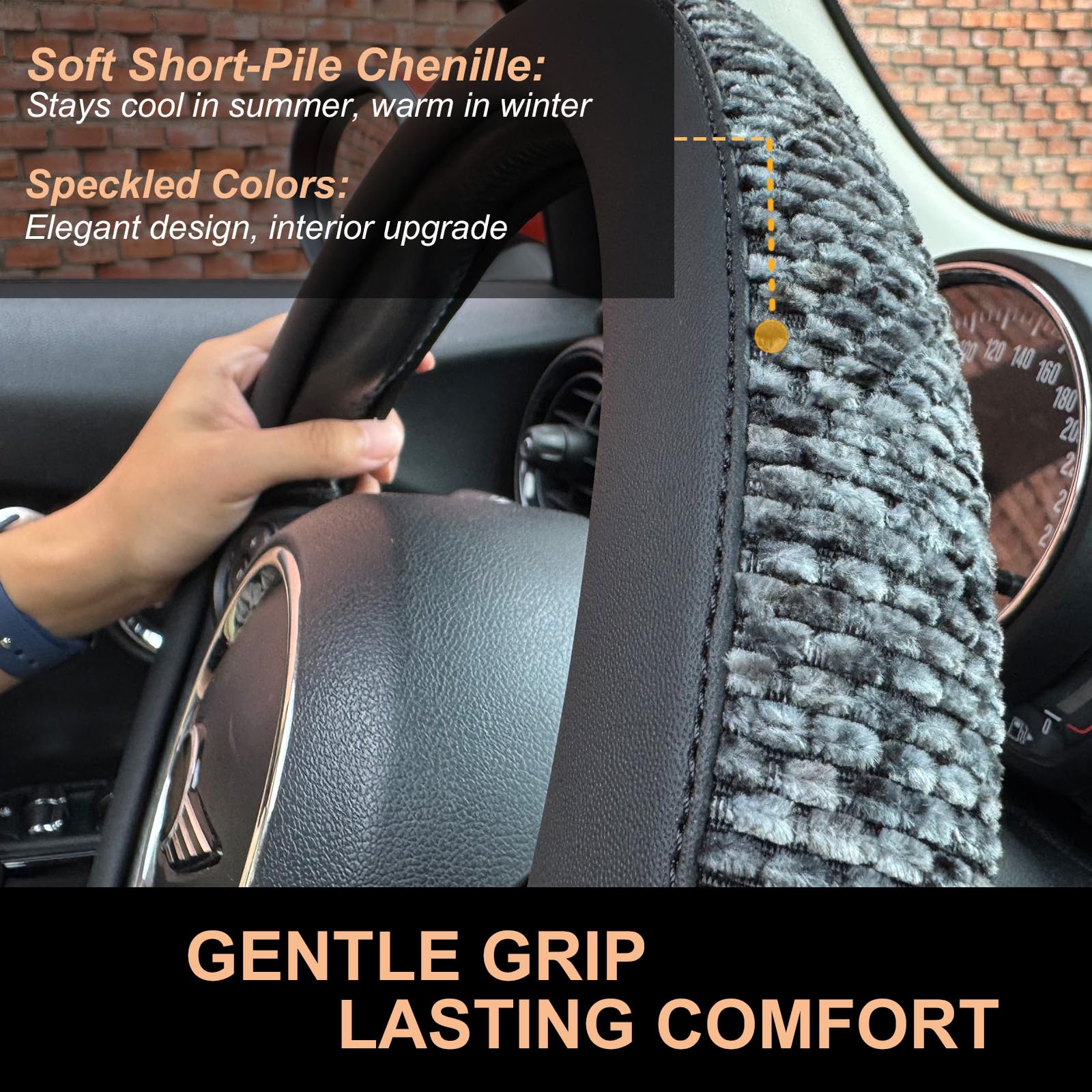 PINCTROT Funda de volante de piel de felpilla de gran tamaño, colores moteados suaves, a prueba de sudor, agarre antideslizante, comodidad para todas las estaciones, 15.5-15.75 pulgadas (gris jaspeado