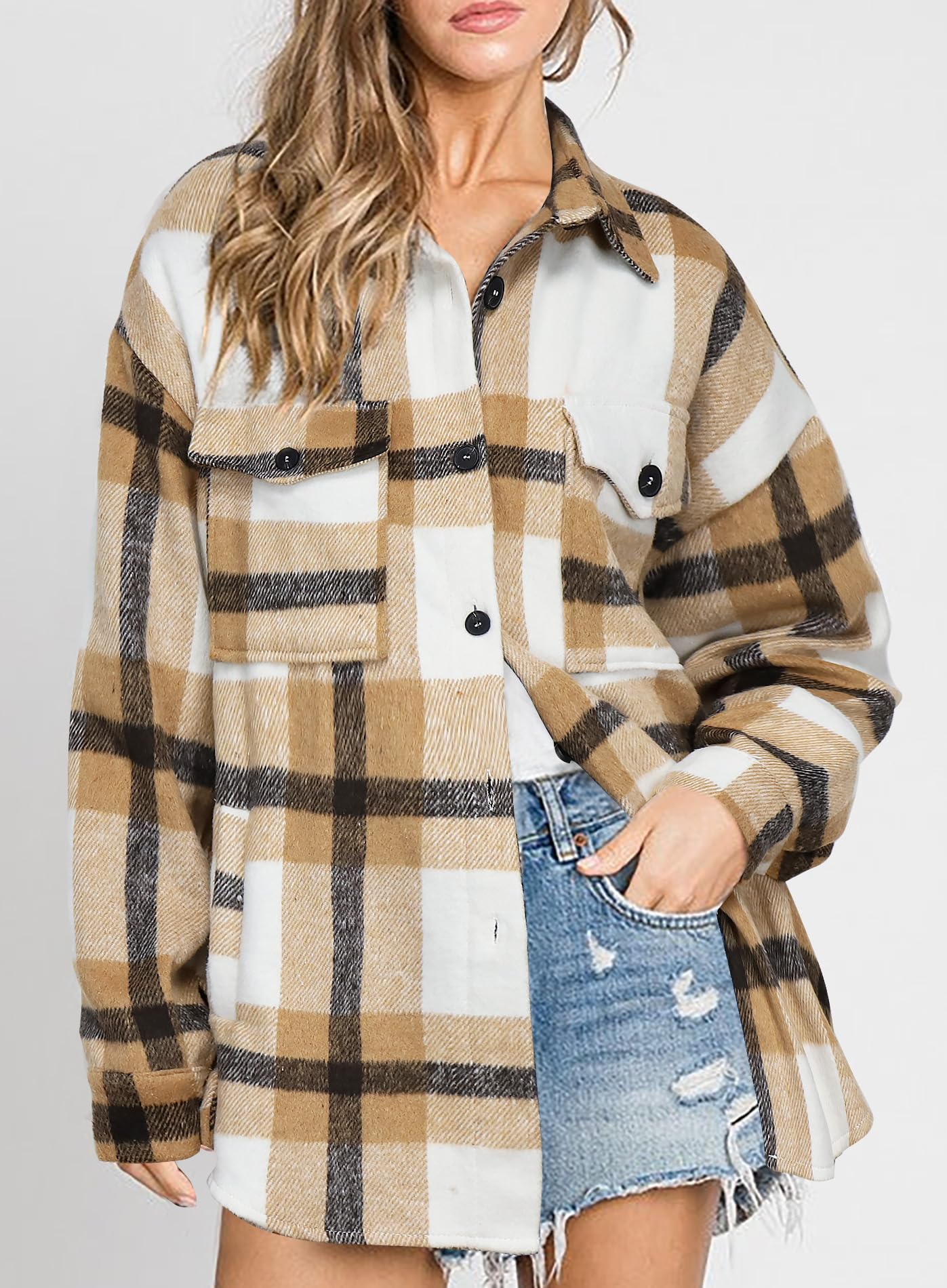 Beaully Women's Flannel Plaid Shacket Long Sleeve Button Down Shirts Jacket Coats with Side Pockets