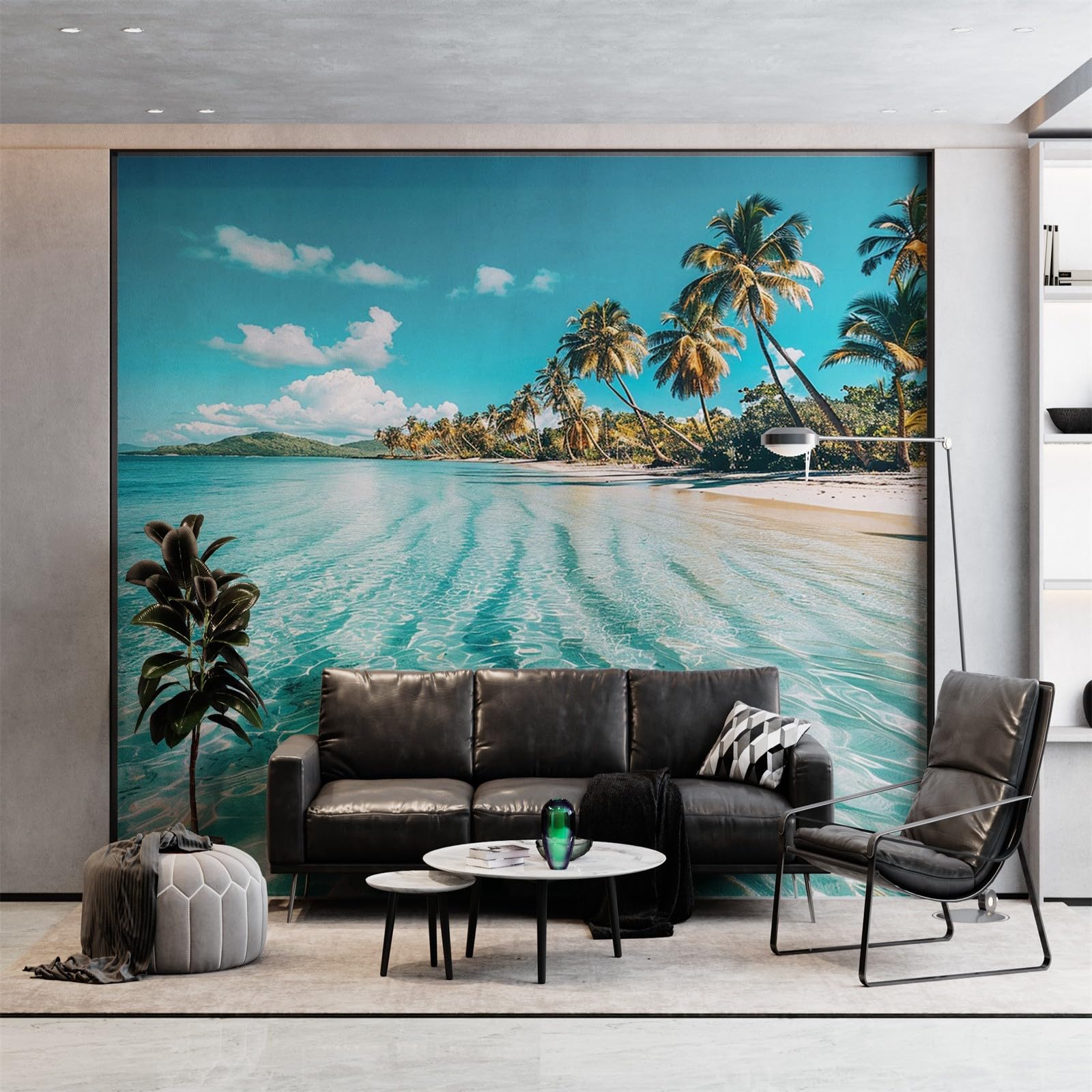 Fototapeta, palmy, morze, murale, plaża, 250 x 175 cm (szer. x wys.), fototapeta, niebieska tapeta, mural sztuka ścienna do salonu, sypialni, pokoju dziecięcego, korytarza