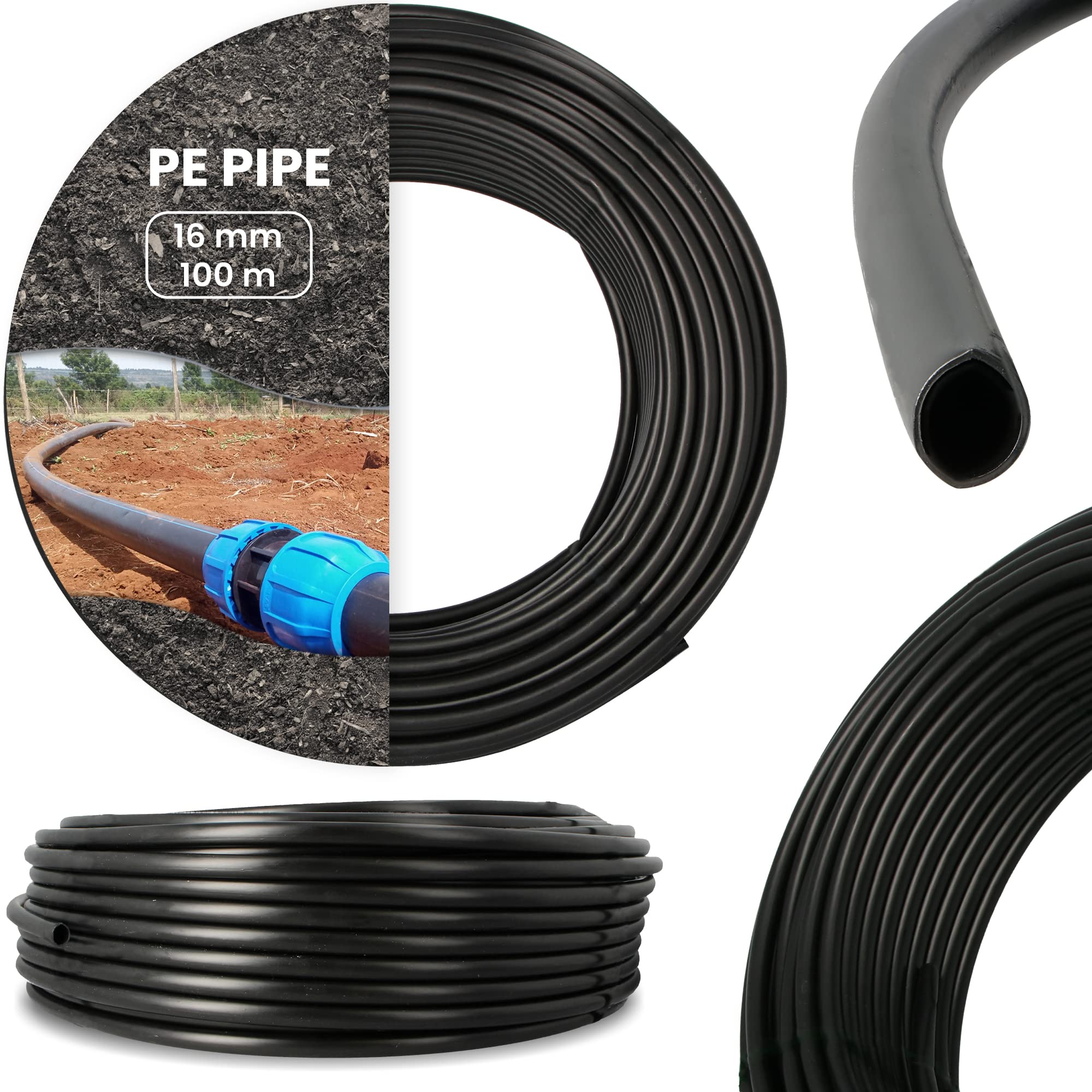 PE-Rohr für Bewässerung 16mm 100 m Verlegerohr Wasserleitung Versorgungsleitung Bewässerung Druckrohr Versorgungsleitung Pipeline Sprinklersystem UV-Beständig