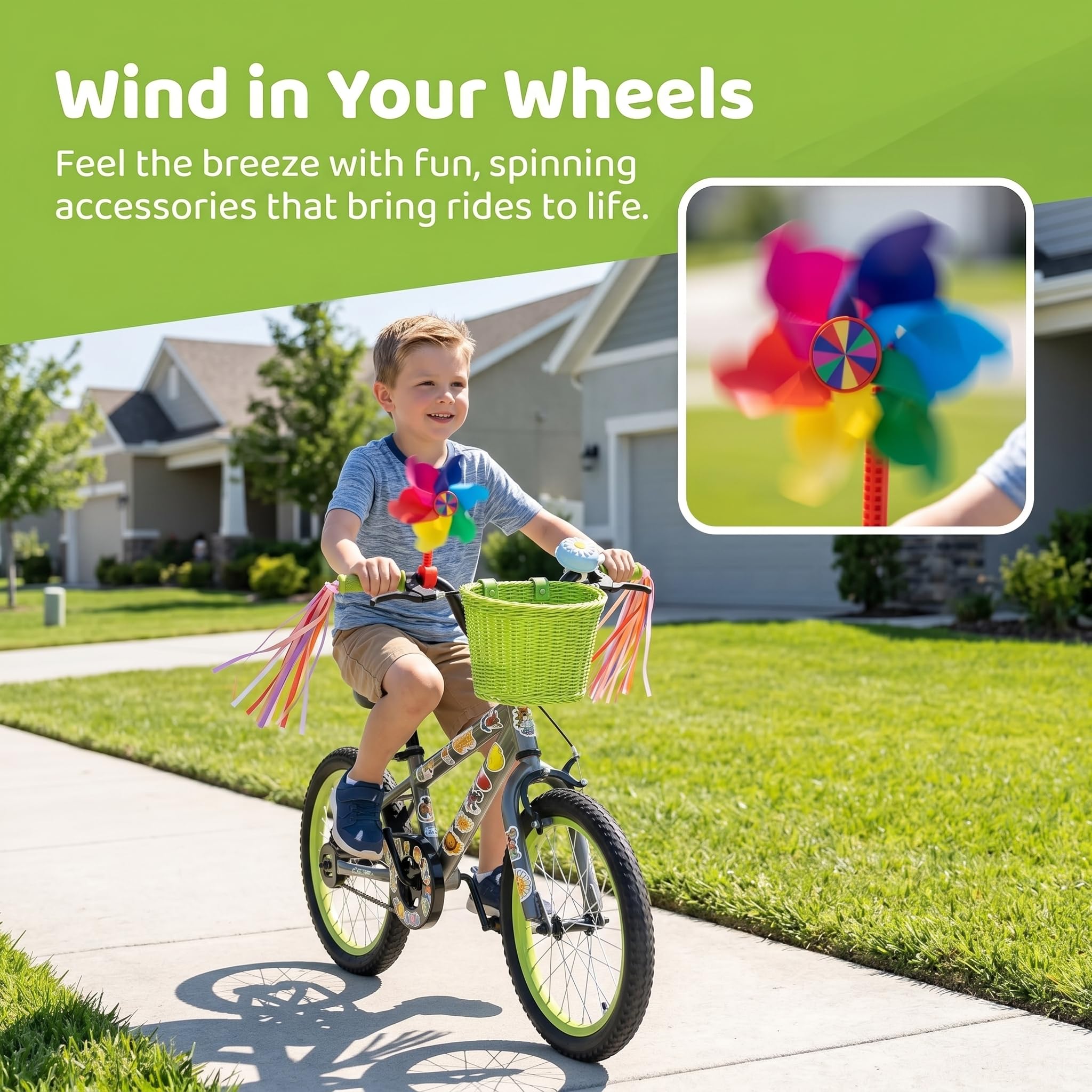 Panier de vélo avant pour enfants, accessoires de vélo pour filles et garçons, panier de vélo tissé avec autocollants, sonnette de vélo, moulin à vent et 1 paire de rubans colorés (panier vert)