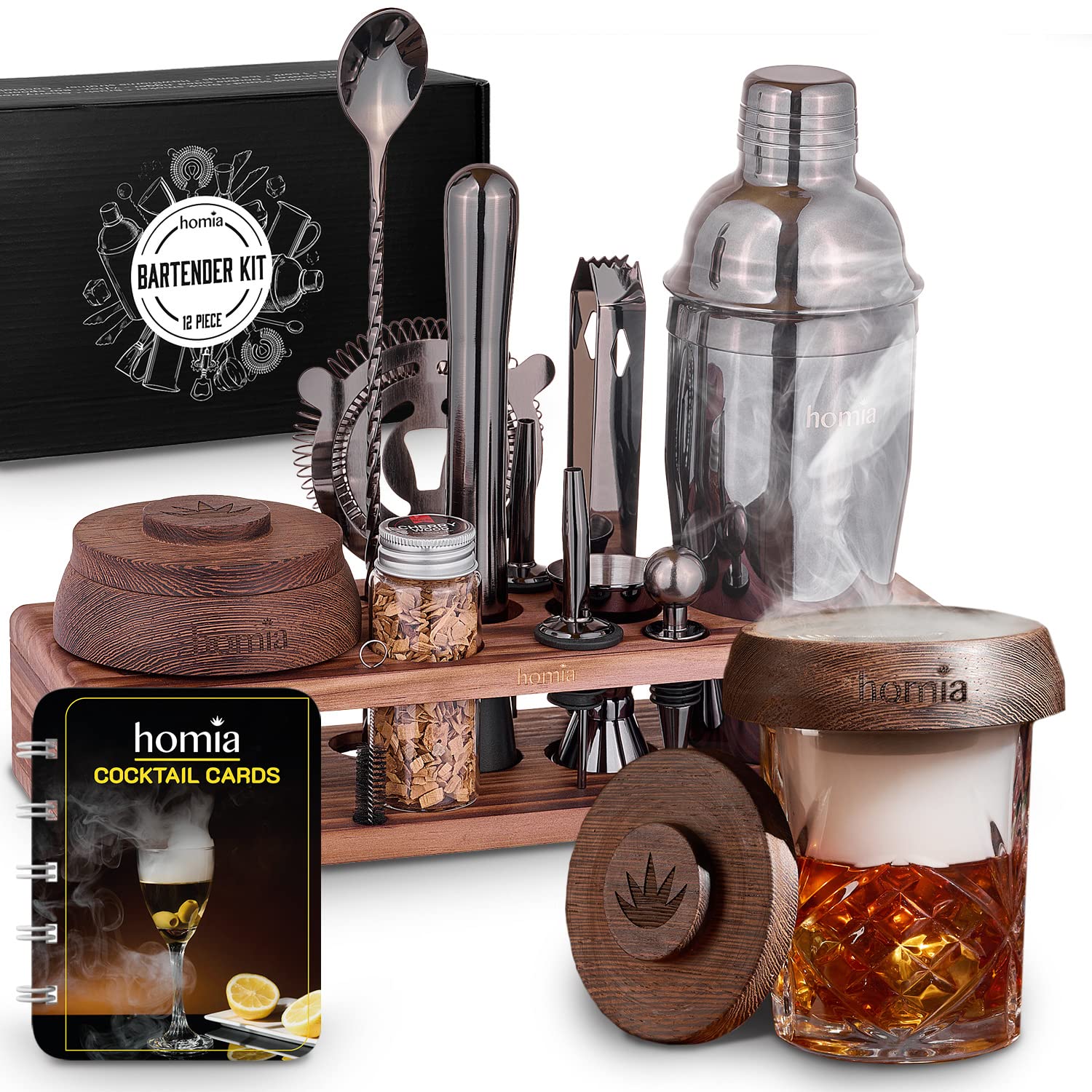 Kit de barman con soporte de pino, juego de barra con coctelera, kit de bartending con herramientas esenciales de accesorios de barra, 13 piezas, color negro